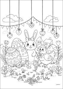 Rabbit and hen surrounded by Easter eggs (Coloring Page)