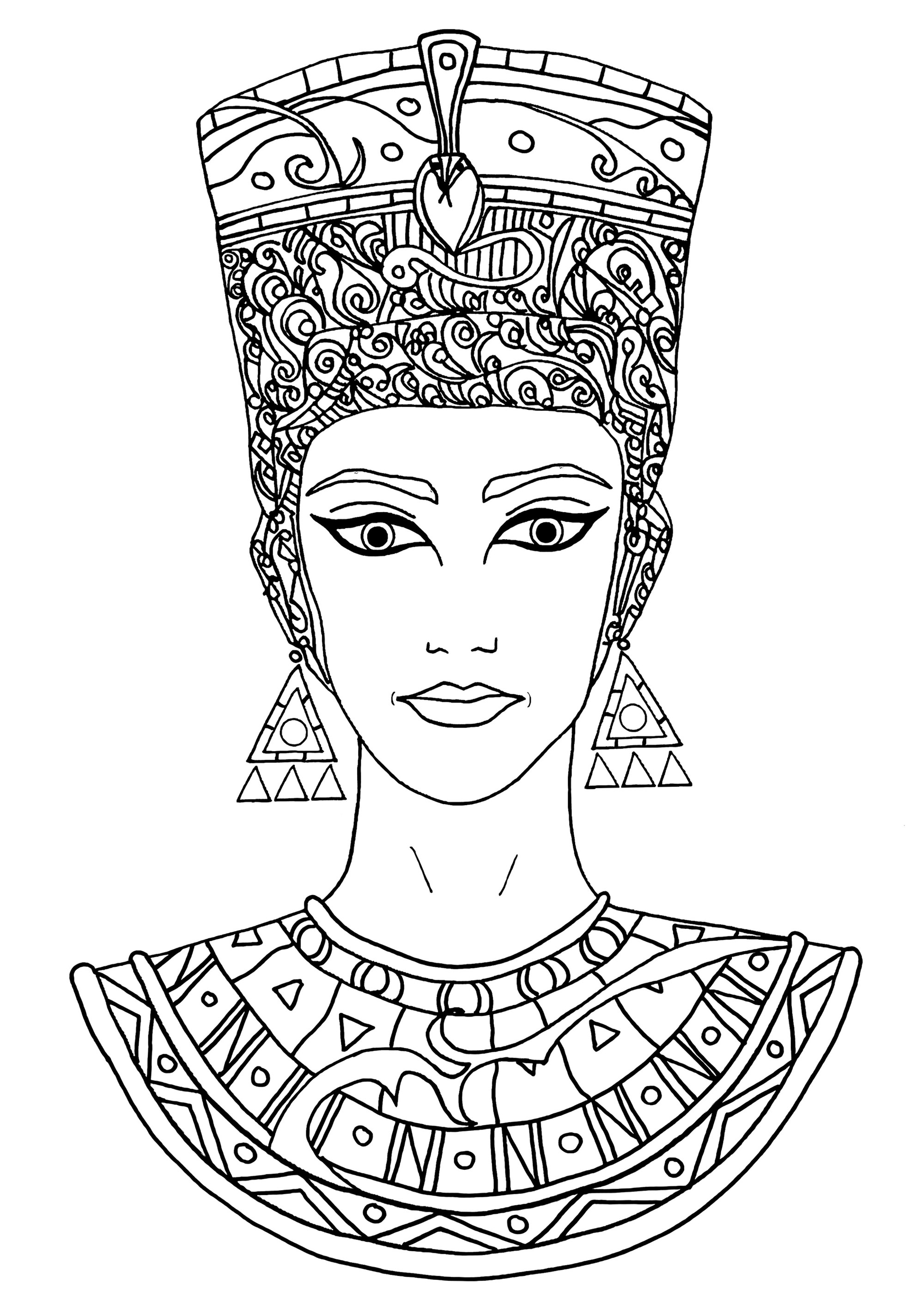 Nice drawing of Nefertiti to color. Nefertiti was a very important, powerful and respected queen in Egypt long ago. She was the wife of King Akhenaten and together they ruled the country and helped change the religious beliefs of Egypt. Nefertiti was very beautiful and a statue of her was found that is very famous today.