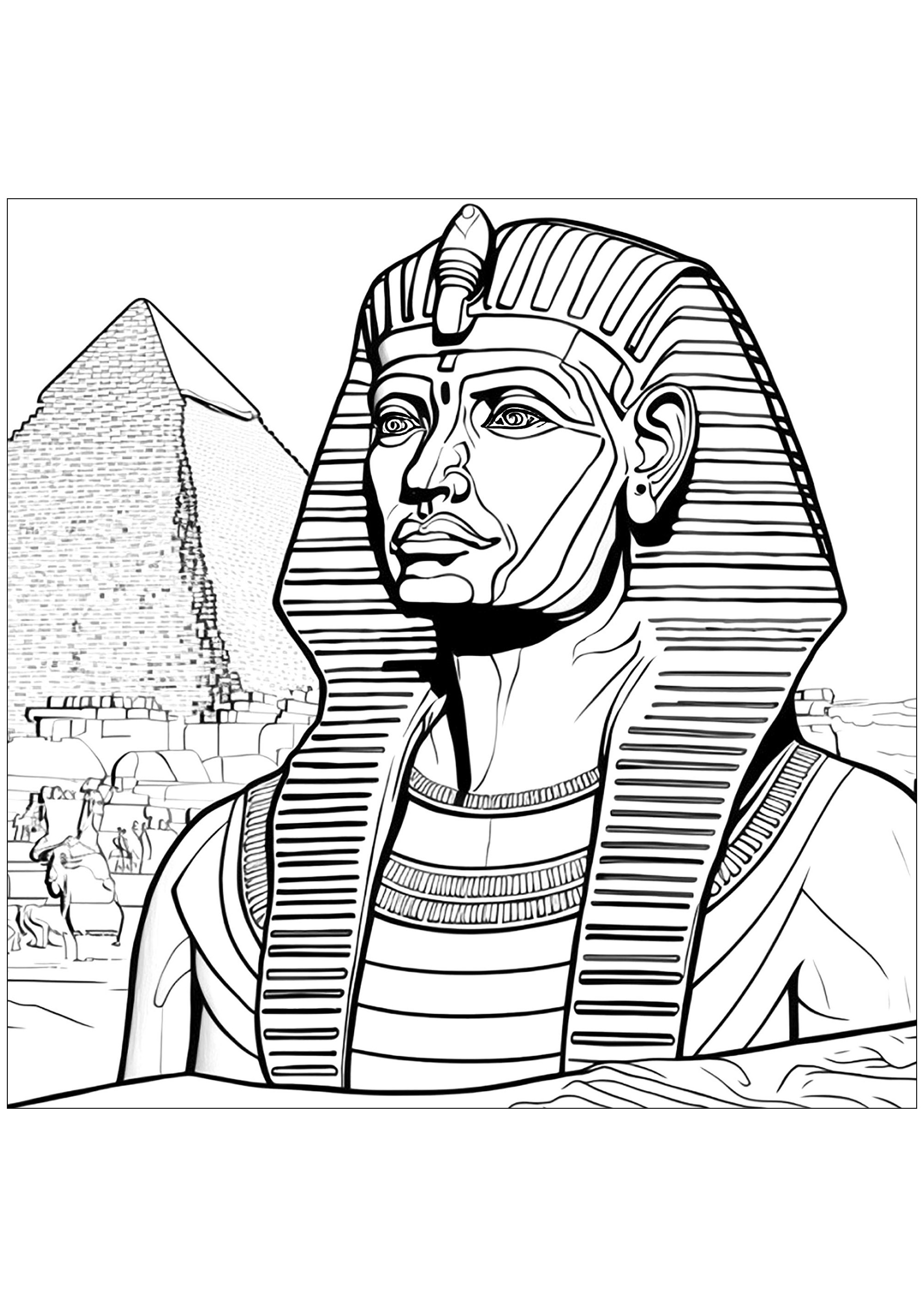 Pharaoh in front of a pyramid in Egypt. The pharaoh wears his crown, which you will have to color in bright colors.The details of the pyramid are very precise and give the coloring a majestic and realistic look.This coloring page is a great way to stimulate children's imagination and teach them about Egyptian history.