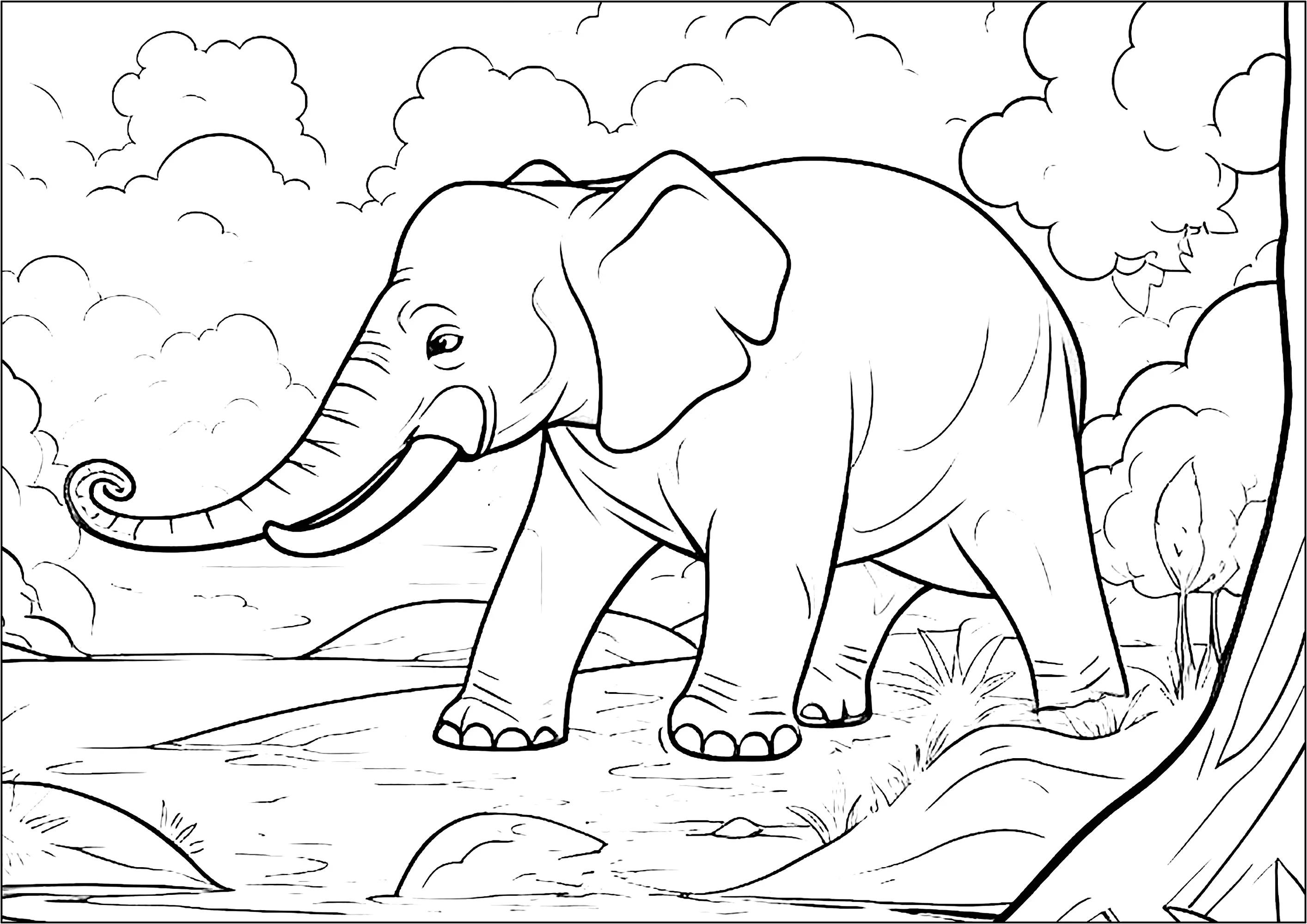 Young elephant walking on the savannah (Printable Coloring Page for Kids)