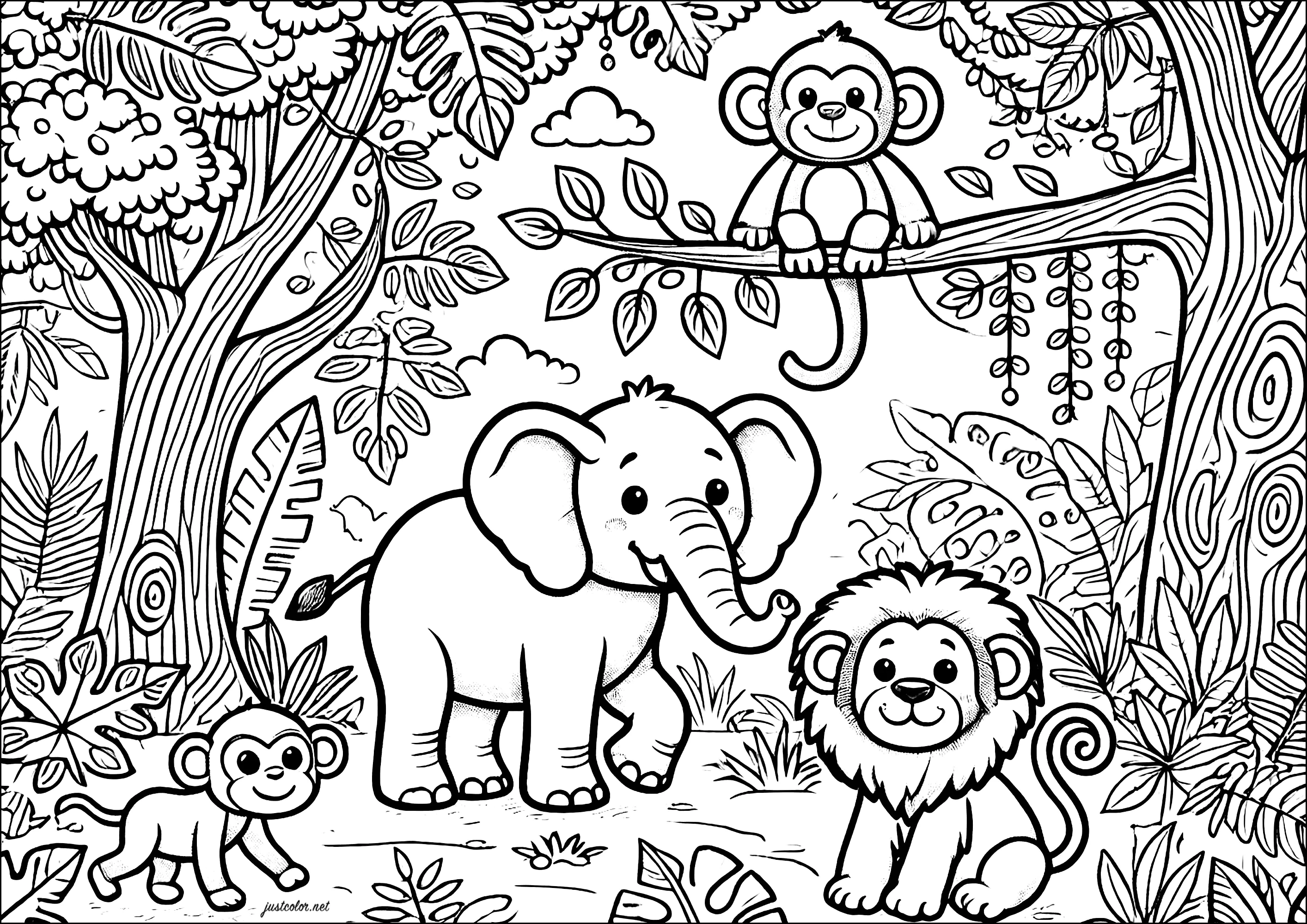 An elephant and his friends: a lion and two monkeys (Printable Coloring Page for Kids)