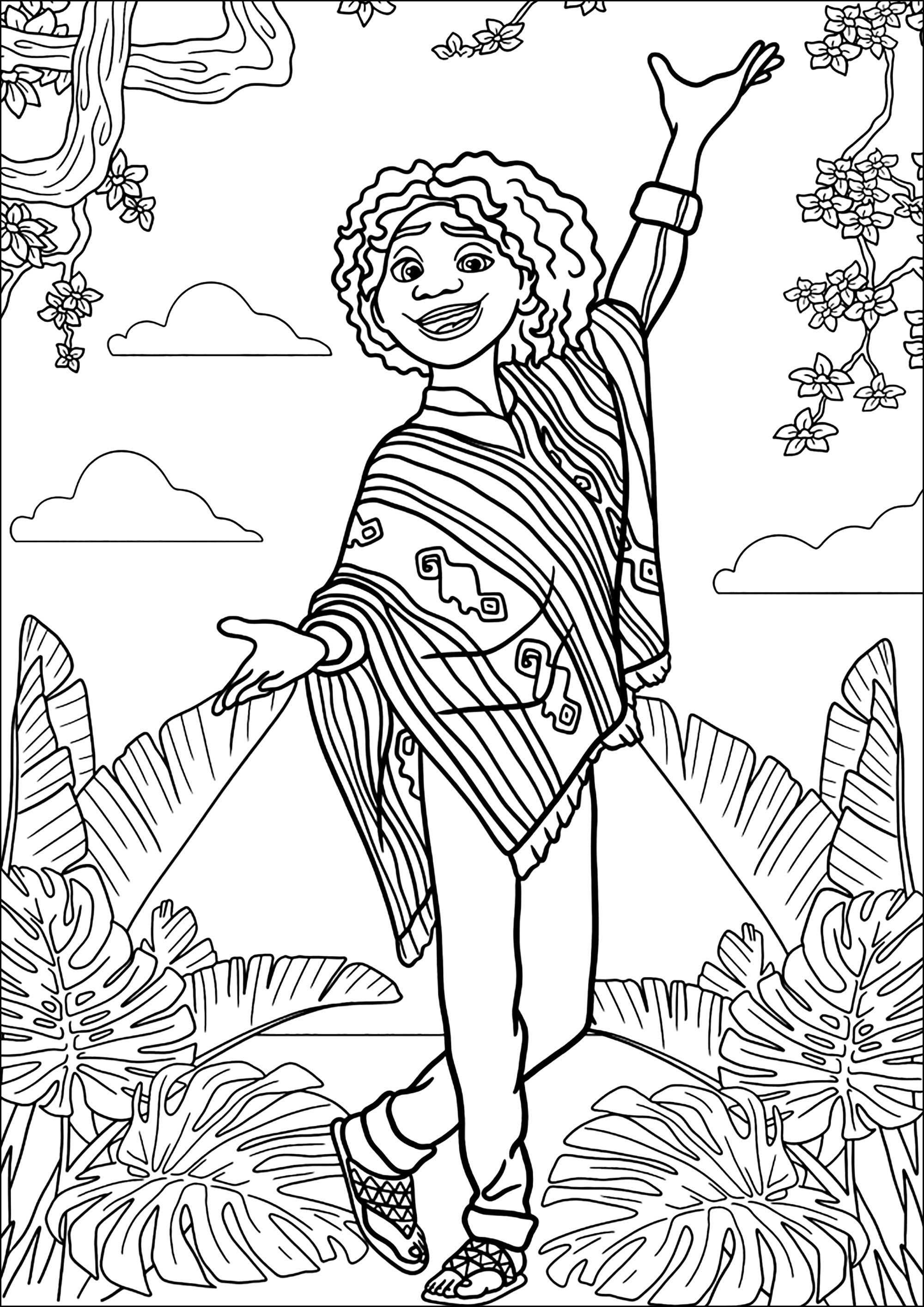 Encanto coloring page: Mirabel Madrigal in the Colombian jungle