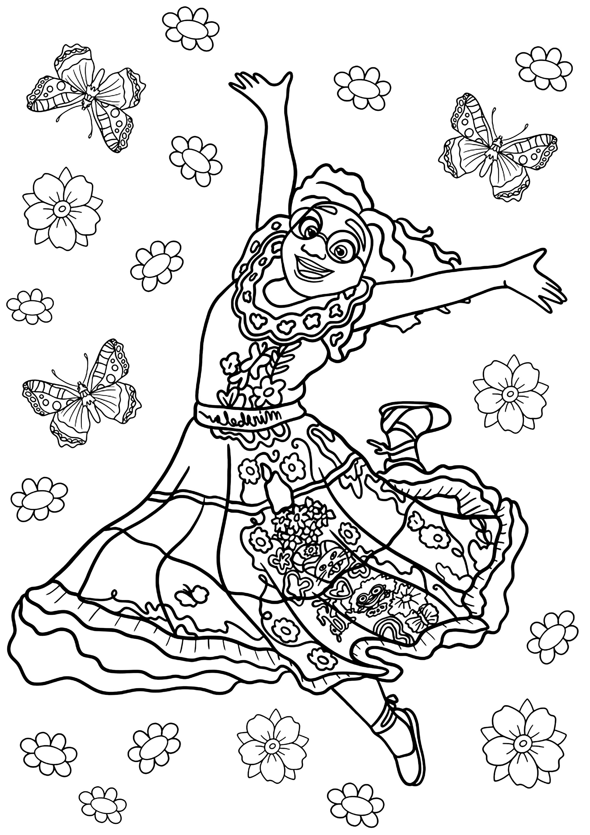 Encanto coloring page: Mirabel jumping among flowers and butterflies