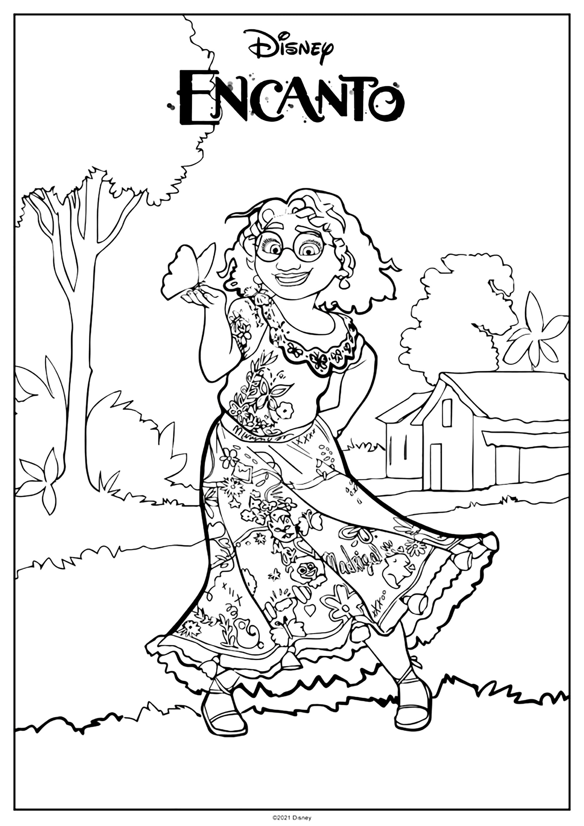 Encanto coloring page: Mirabel and a pretty butterfly