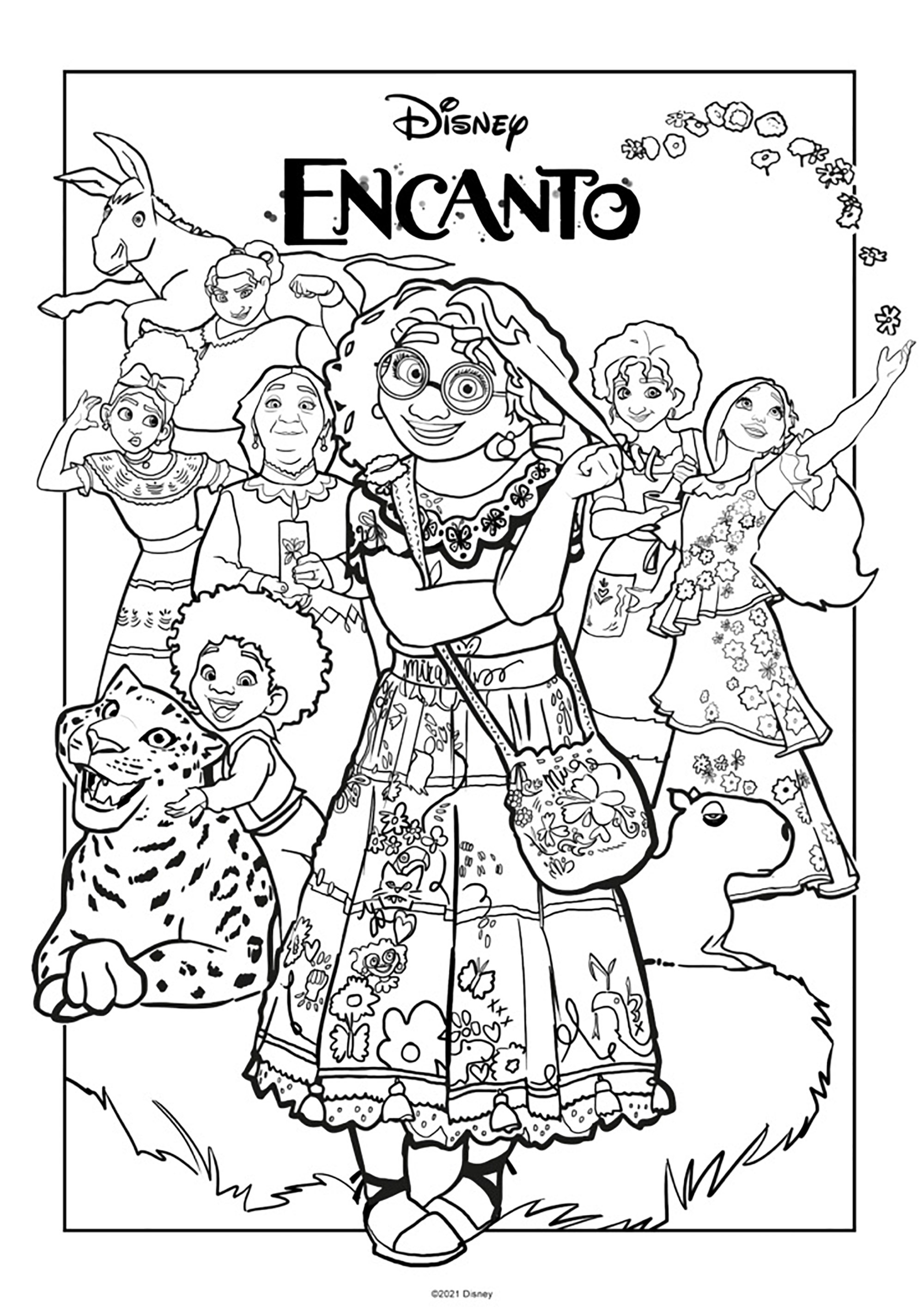 Encanto coloring pages: Mirabel Madrigal and other characters from