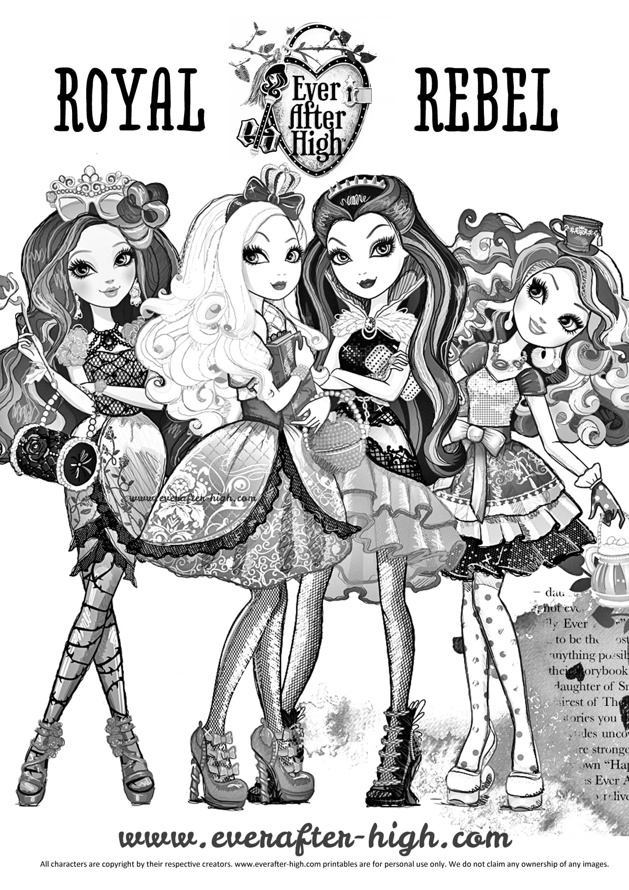 Various female characters from Ever After High to color