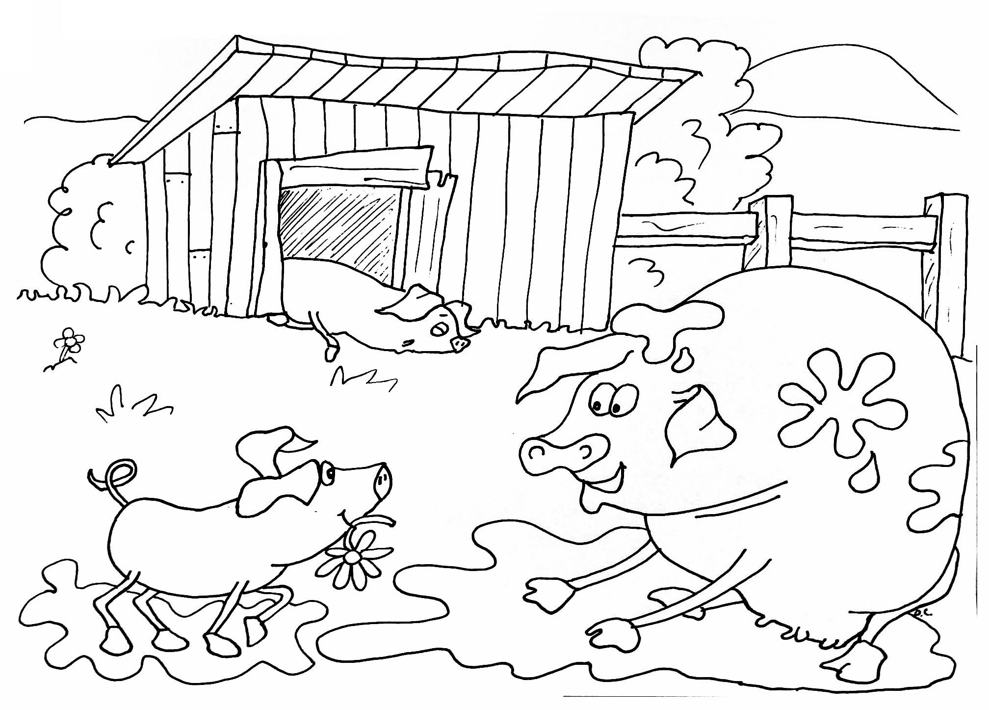 Coloring on the Farm, with 3 pigs who like to sleep and wash in the mud.