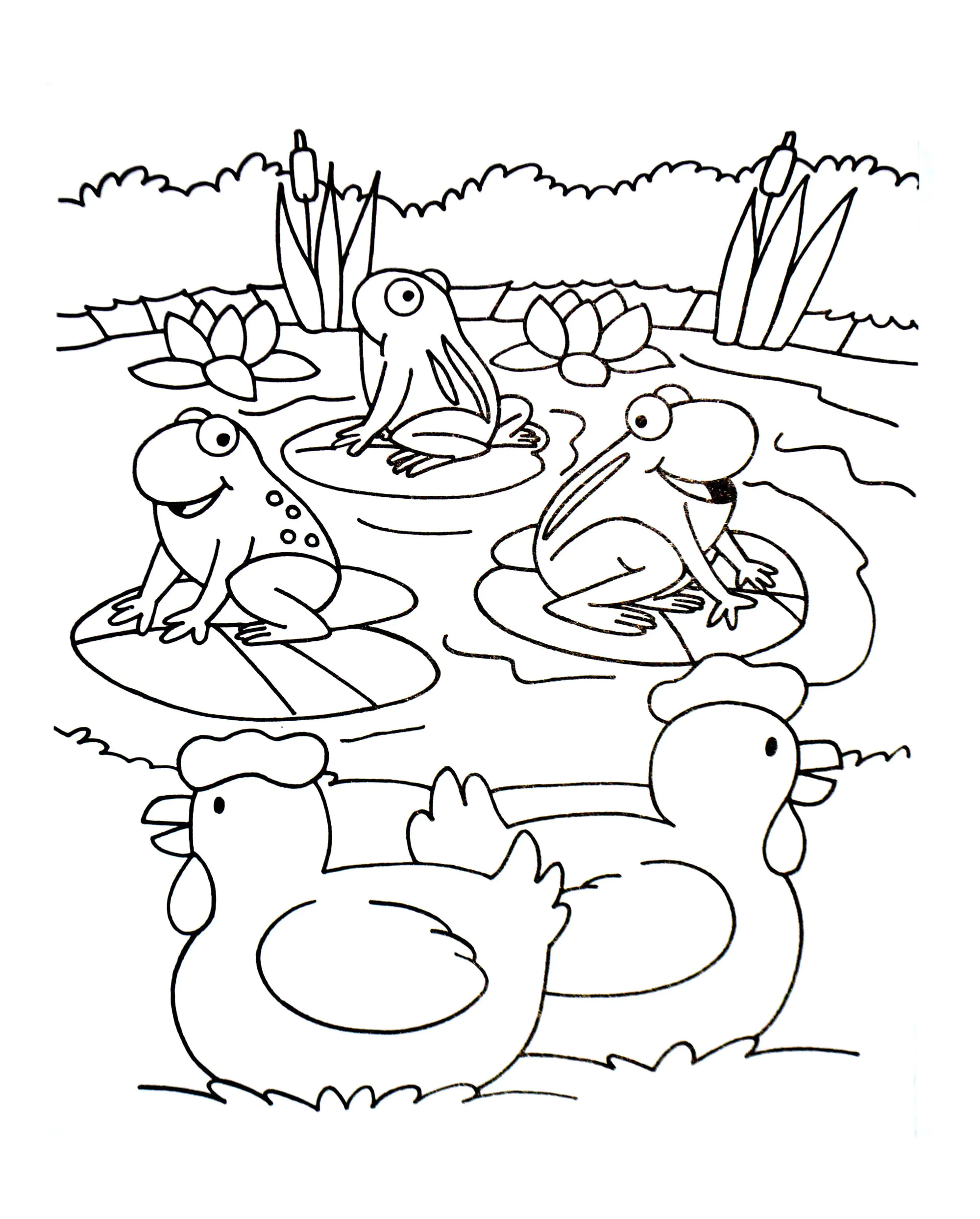 Frogs with chickens (Printable Farm Coloring Page for Kids)