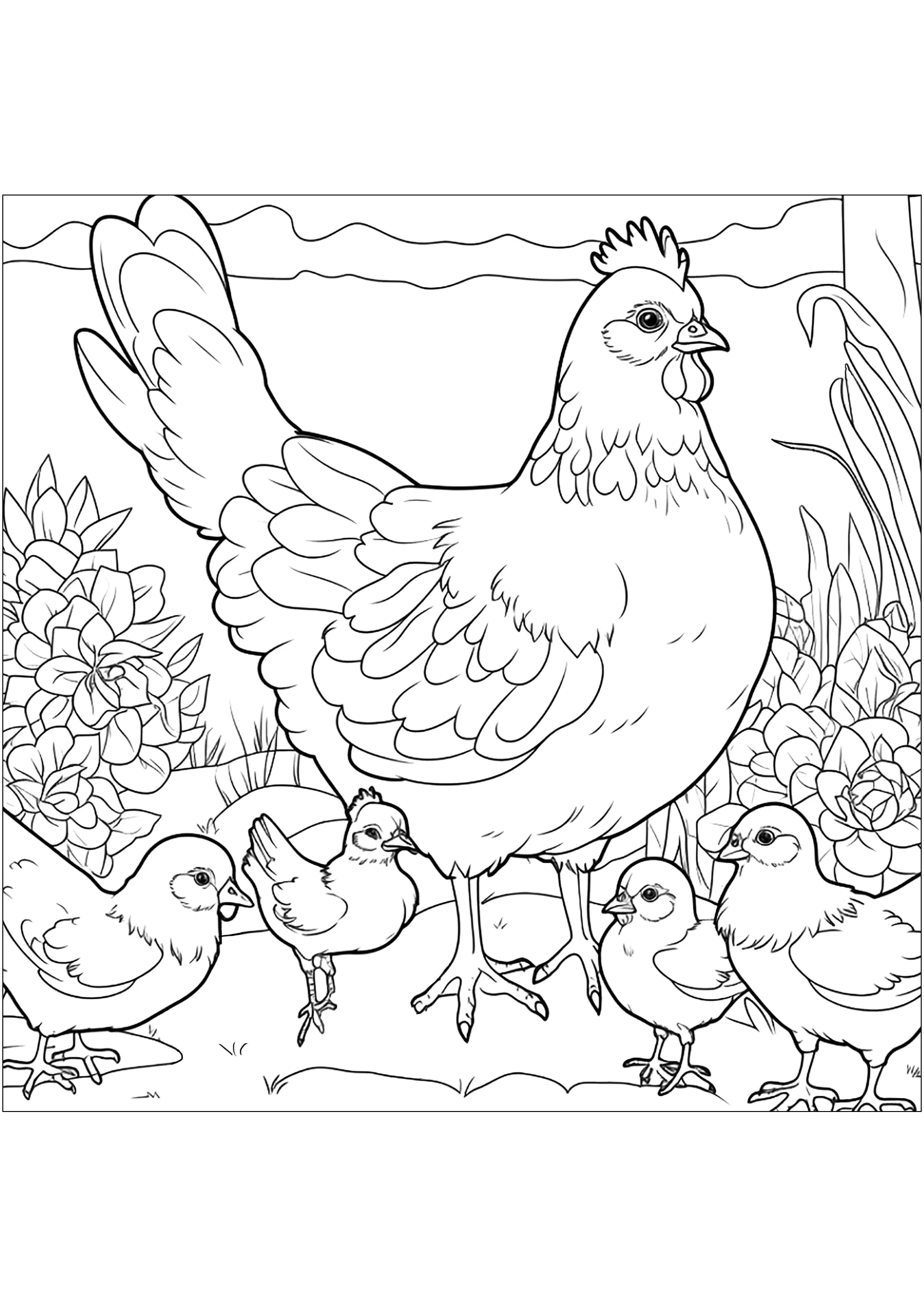 Hens and chicks (Printable Farm Coloring Page for Kids)