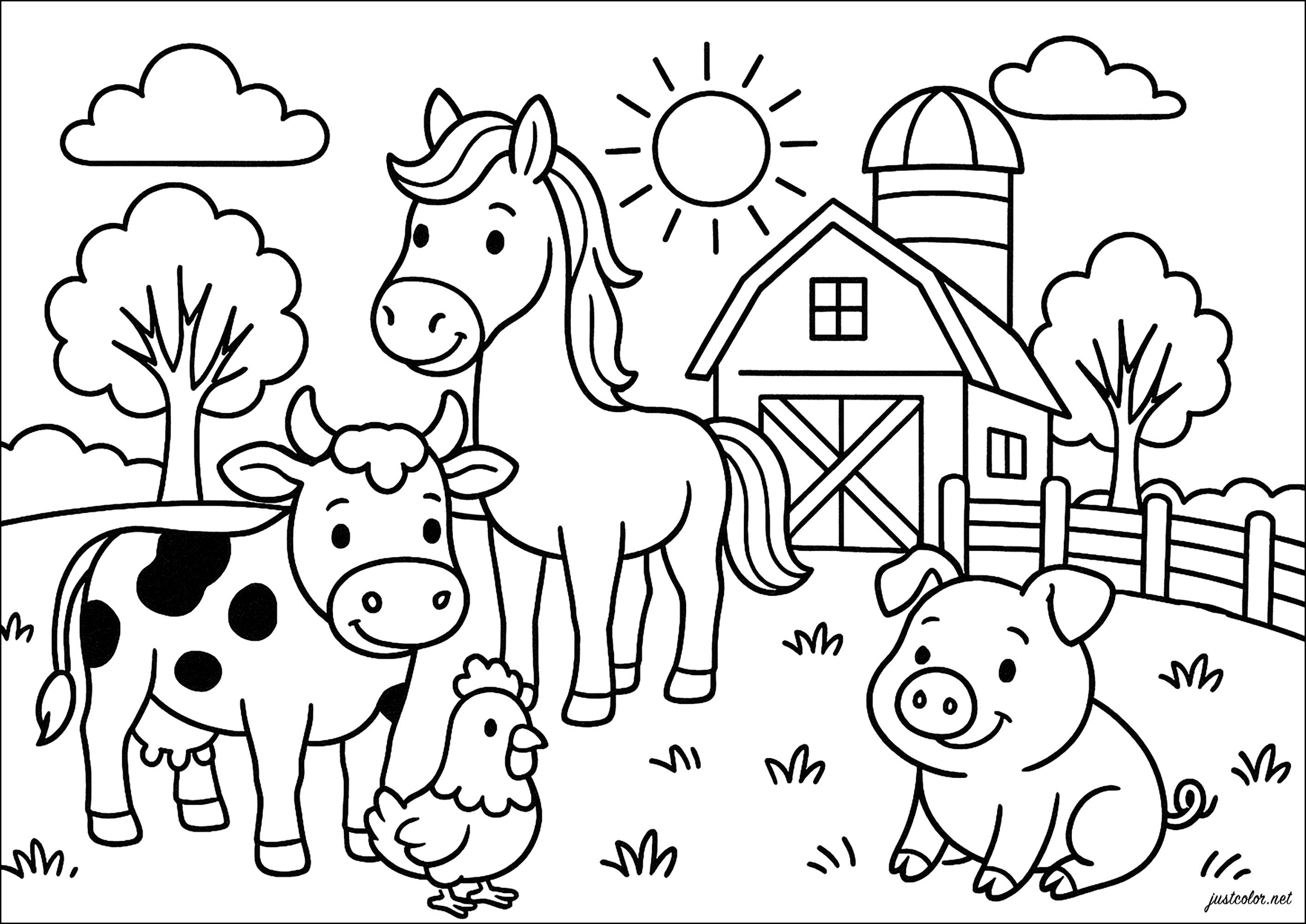 Smiling farm animals (Printable Coloring Page for Kids)