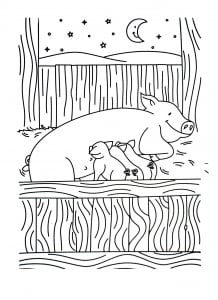 Pig and her babies (Farm Coloring Page)