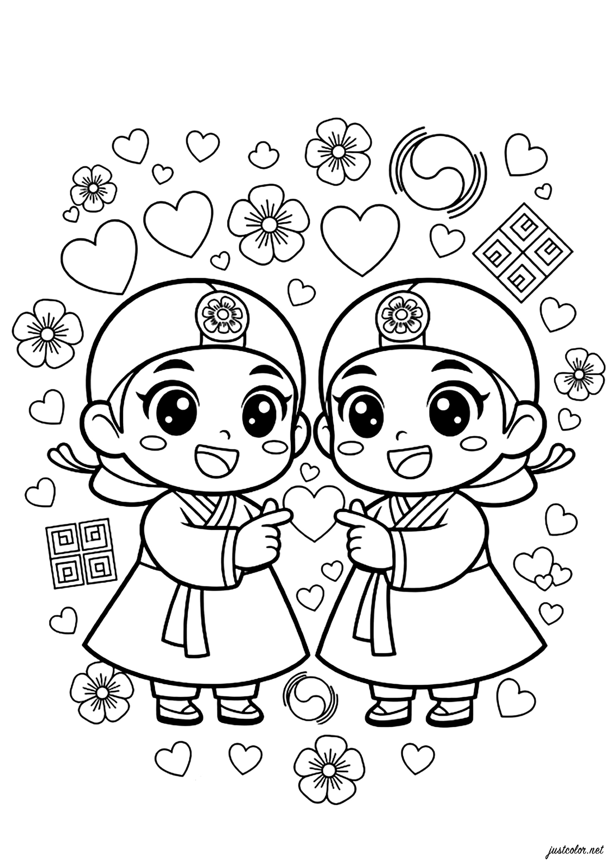 Children dressed in traditional Korean outfits (Printable Korean Festivals & Traditions Coloring Page for Kids)