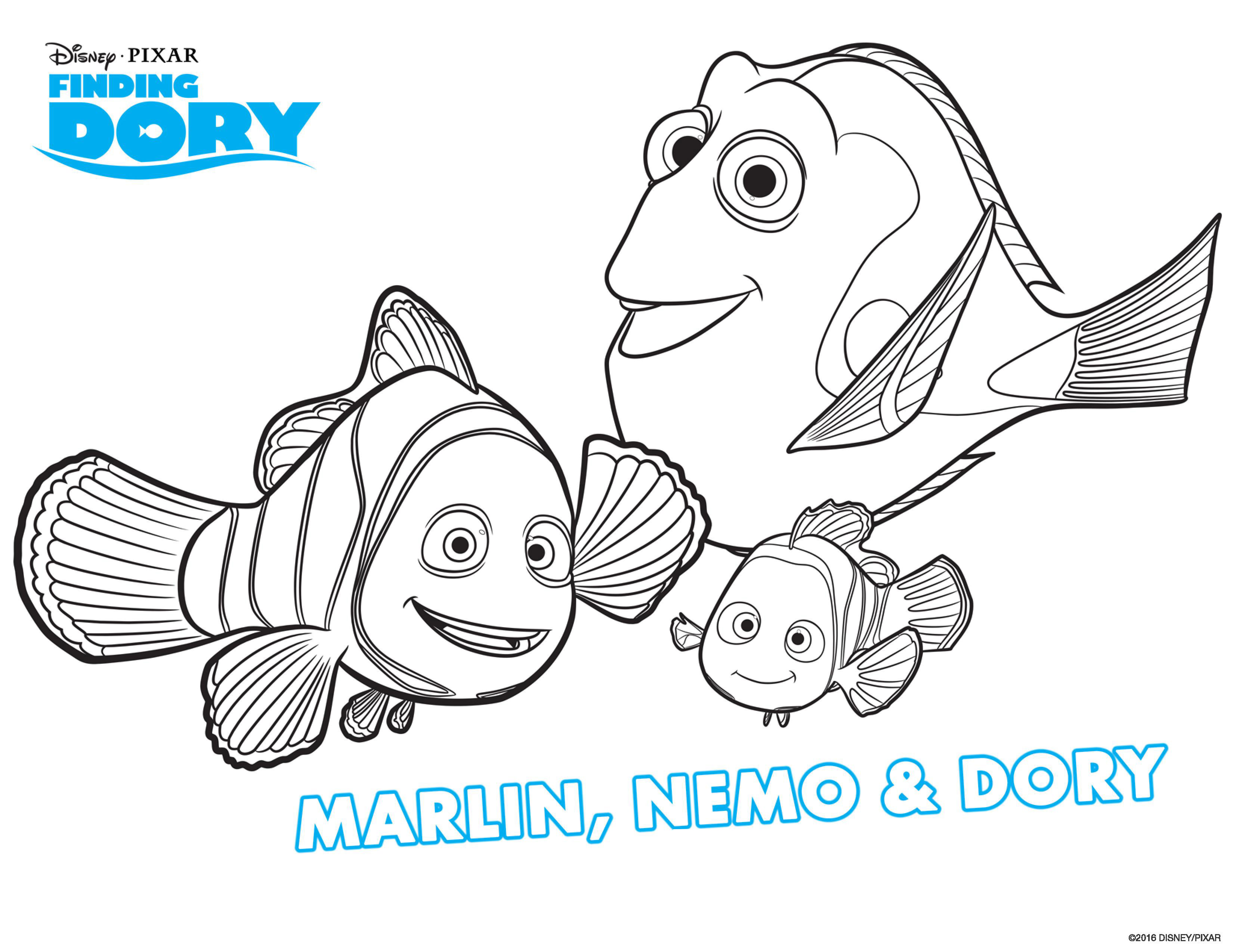 Finding Dory coloring page to print and color for free : Marlin, Nemo & Dory
