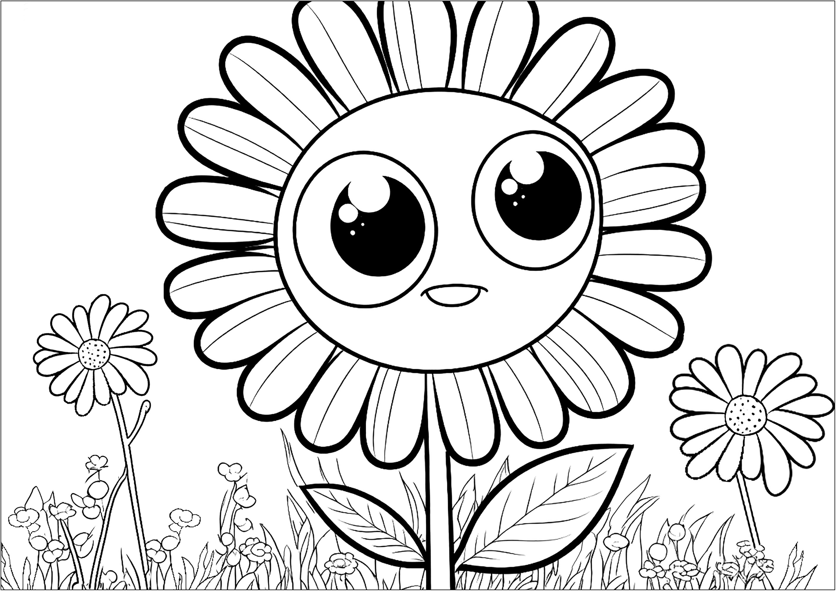 Pretty little flower with big eyes, in the middle of two smaller ones. A perfect coloring for the little ones. Children can choose if they want to color the petals with different colors, or alternate several similar colors (two, three, four ...)
