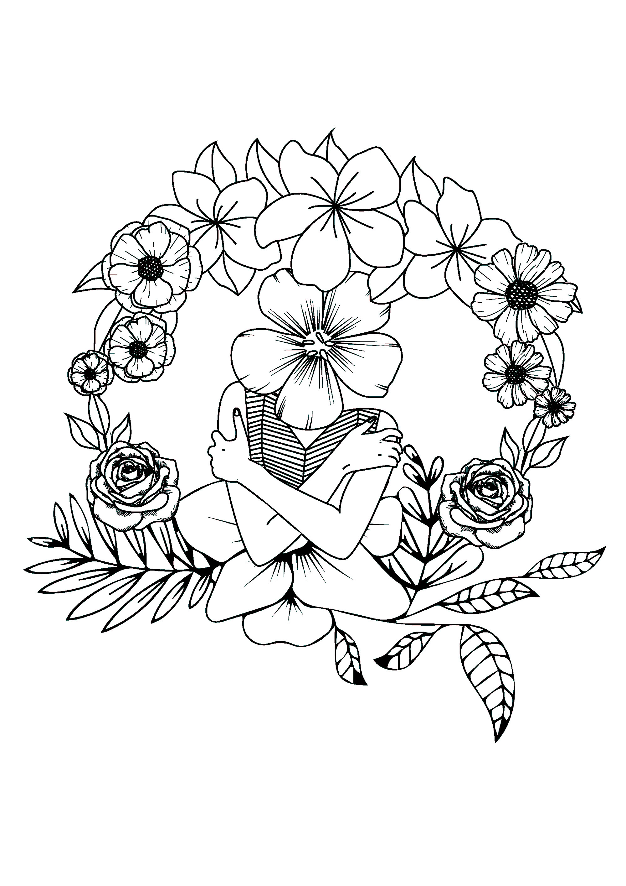 Woman with flower head (Coloring Page) Woman with flower head (Printable Coloring Page for Kids)
