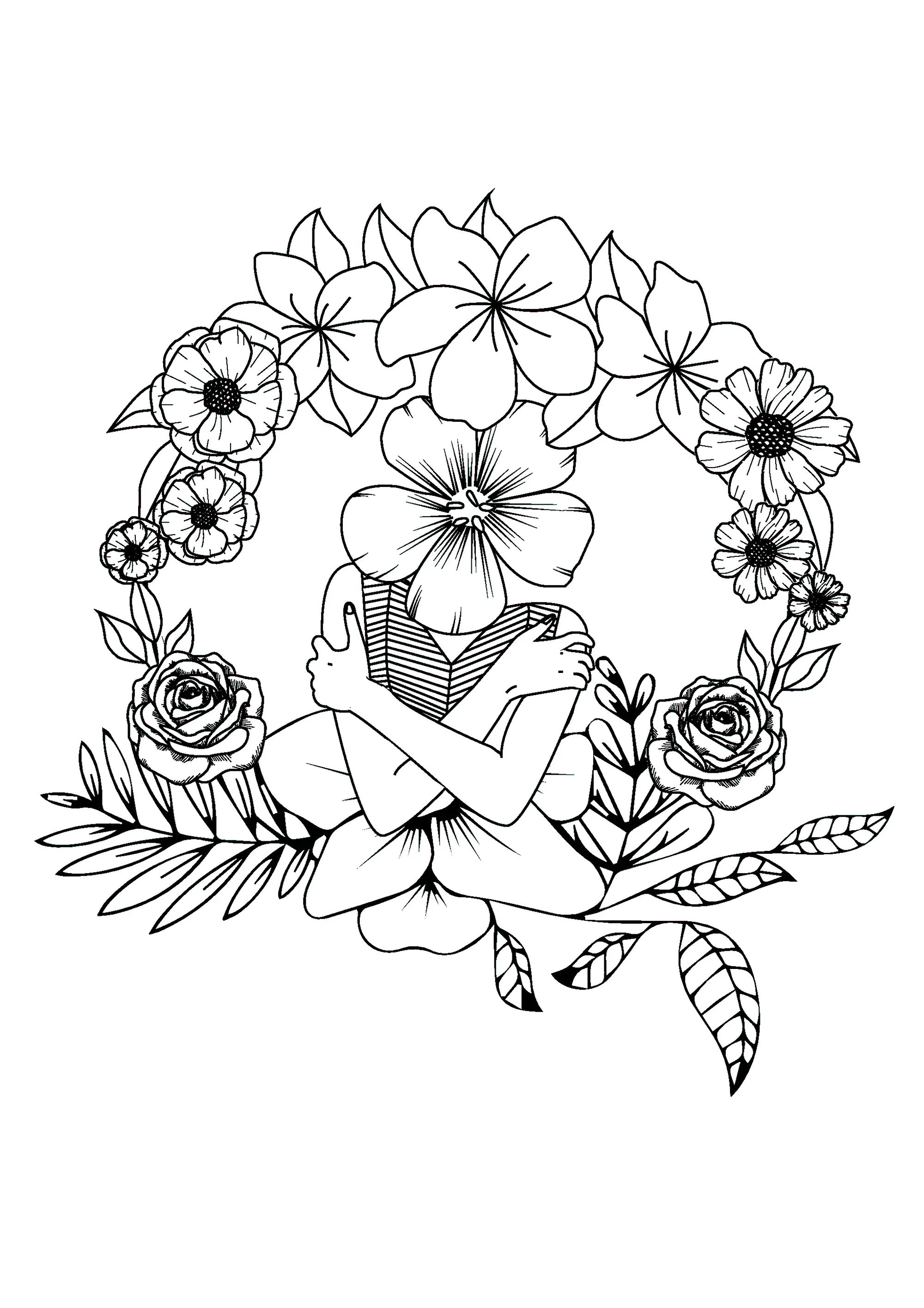 Woman with flower head (Printable Coloring Page for Kids)