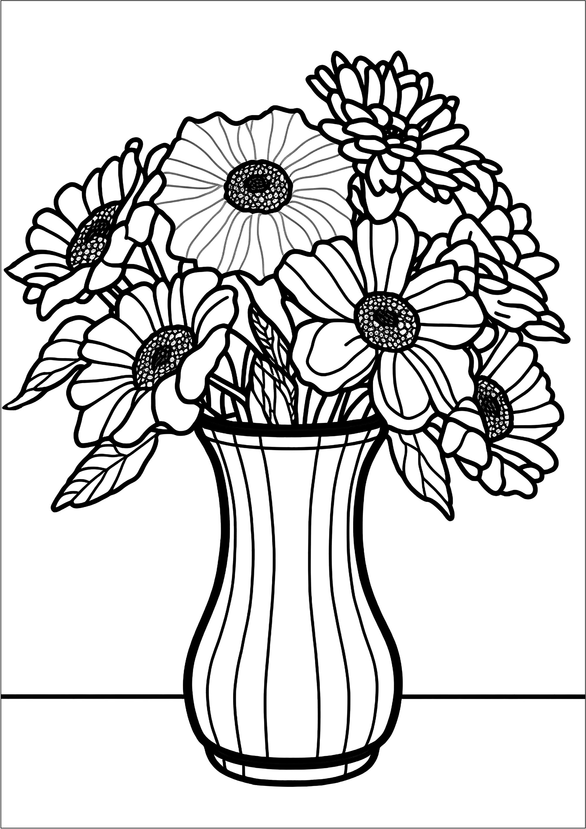 Nice drawing with thick lines of a bouquet of flowers in a vase. Kids can have fun choosing different colors for each flower and for the vase. They can even add extra details, like butterflies or small animals, to make their creation even more unique.