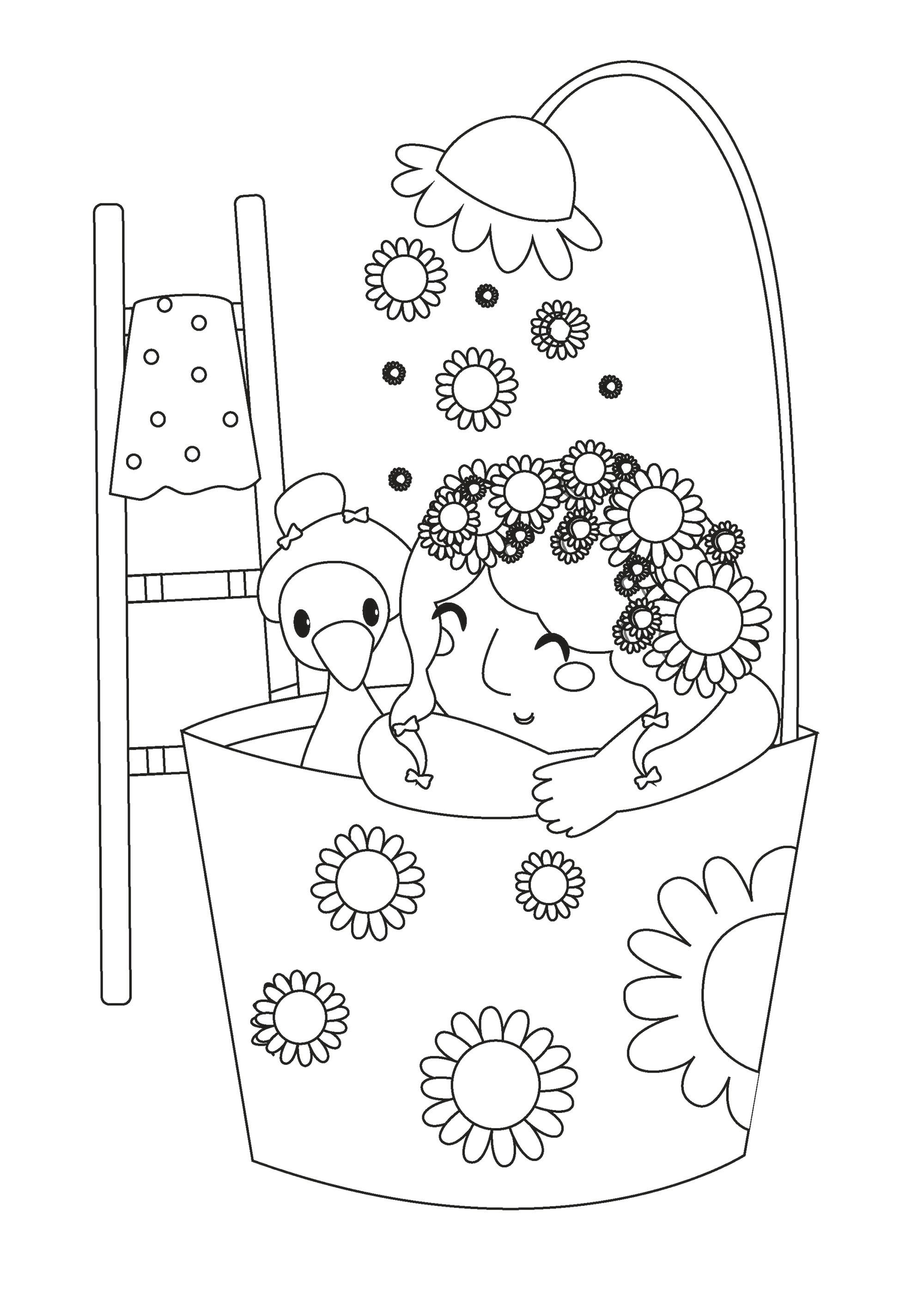 Coloring Page : Girl in her bath and flowers Printable Coloring Page for Kids : Girl in her bath and flowers
