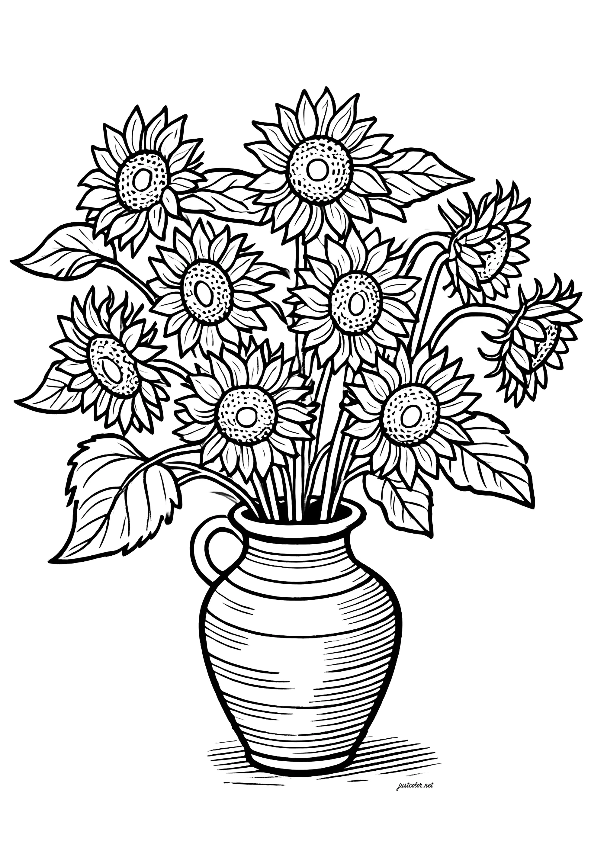 Vase filled with sunflowers (Printable Flower Coloring Page for Kids)