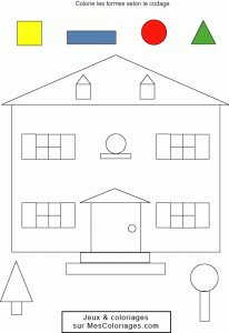 Coloring page shapes to color for children : house with shapes