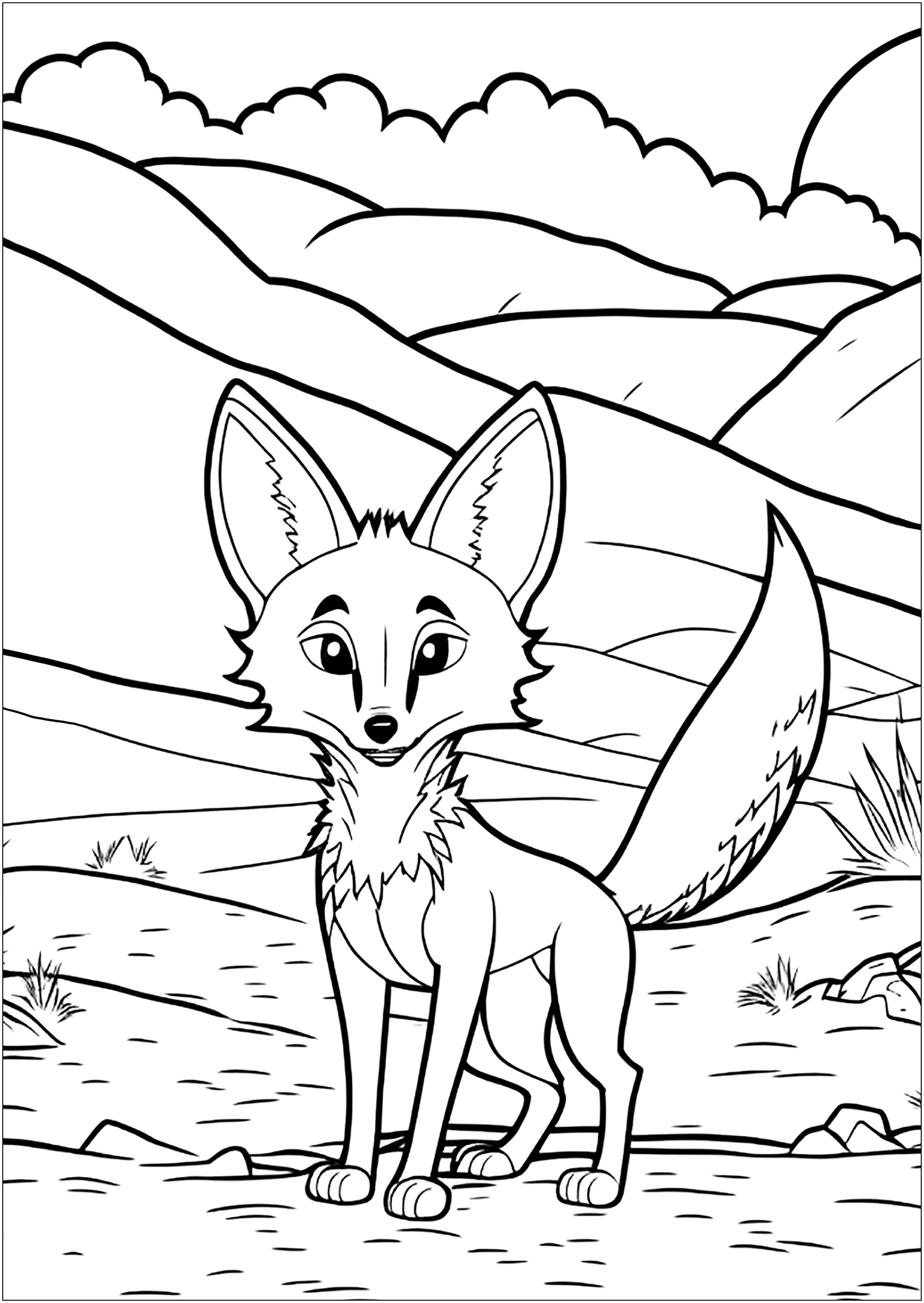 Simple coloring of a smart fox, in a nice landscape. A fairly simple coloring page with large areas to color.