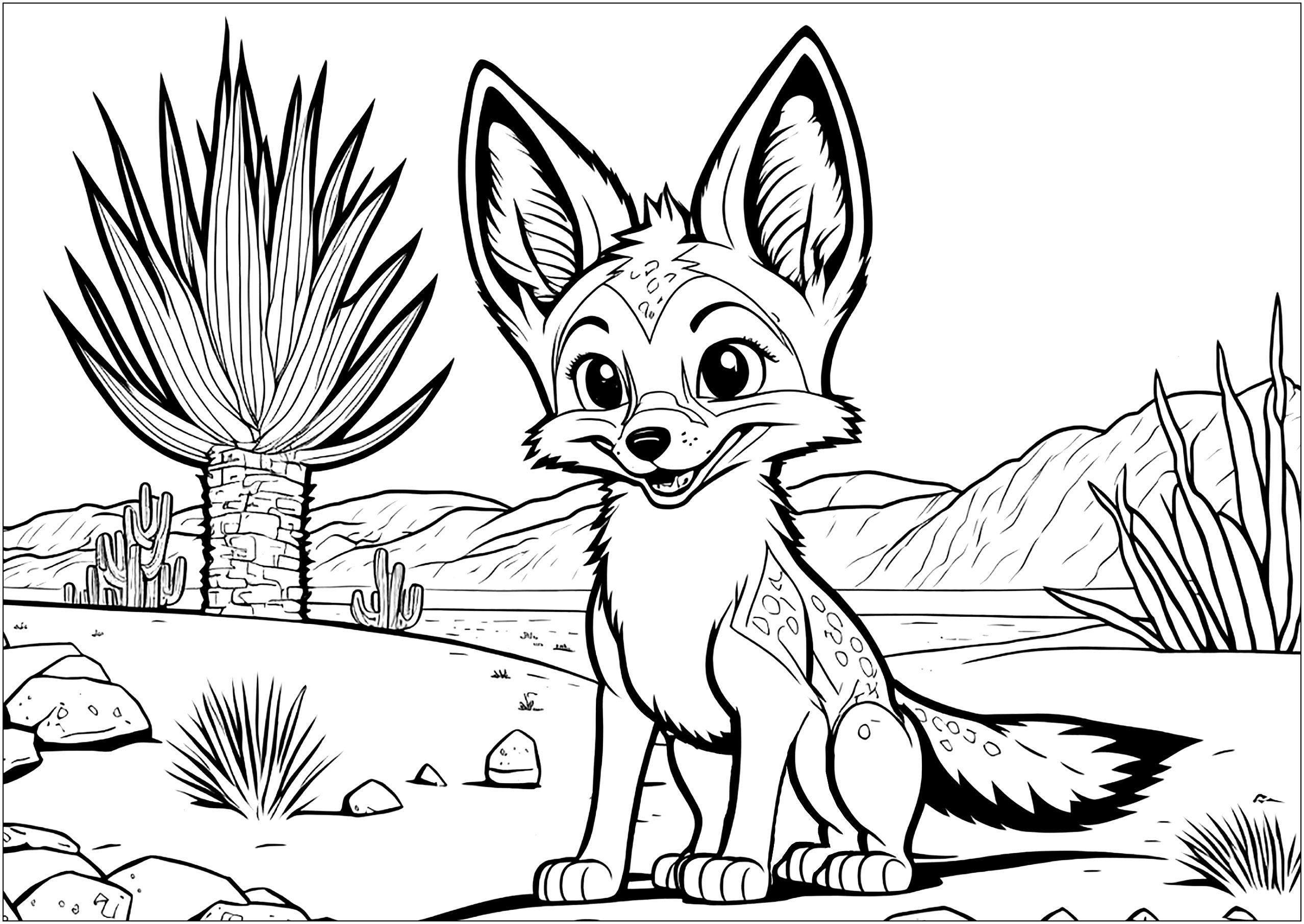 Color this fox with your best colors, make it shine in the desert!. Whichever color kids choose, the fox will be glowing in this desert. Children can also add details to this coloring page.