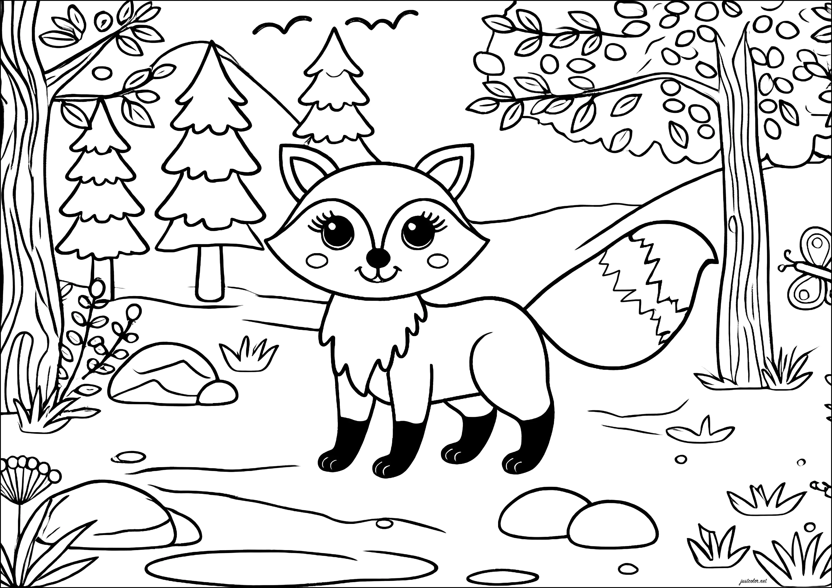 Young fox in the forest (Printable Coloring Page for Kids)