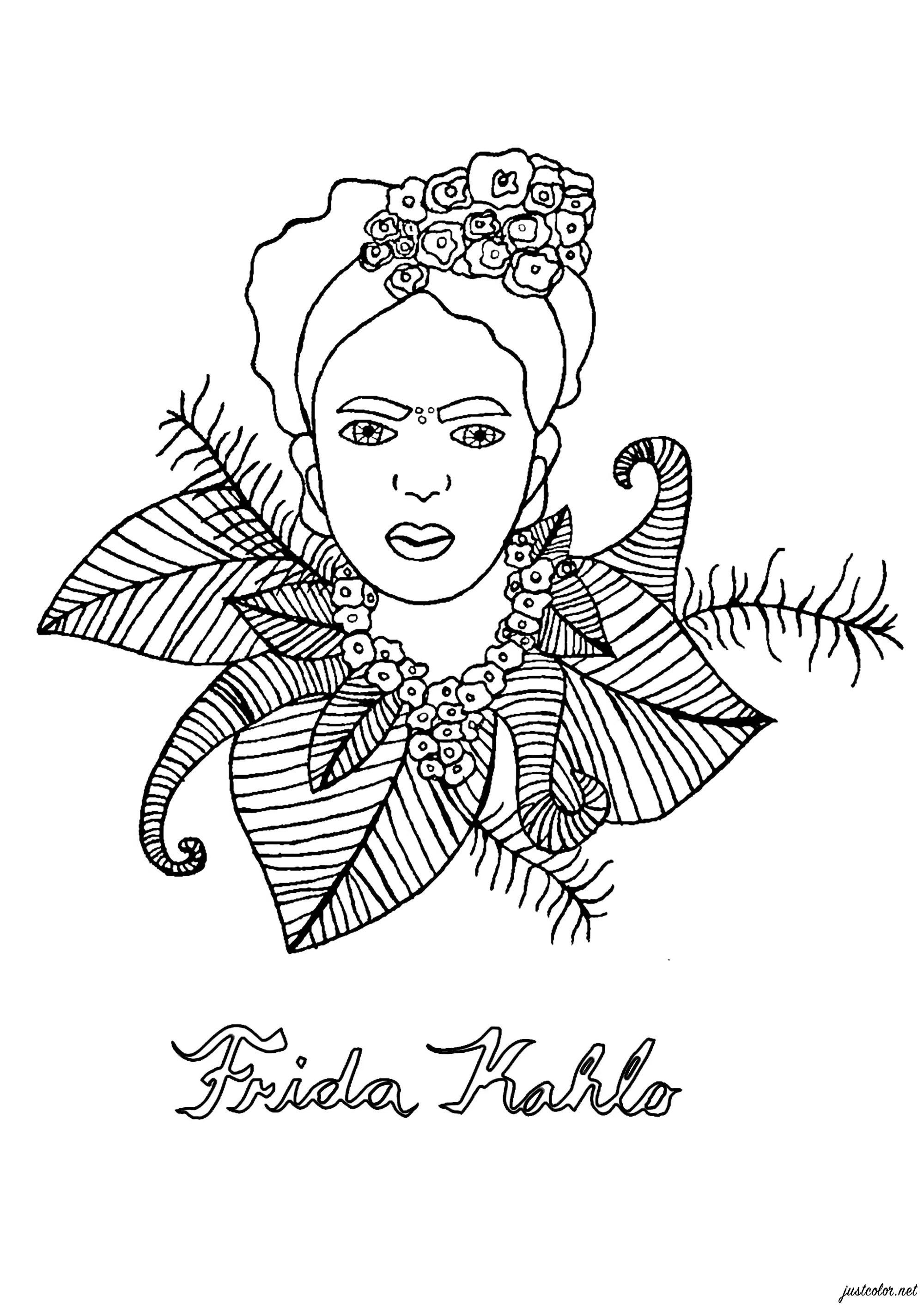 Colouring of Frida Kahlo's face surrounded by leaves. This coloring page is perfect for children who love drawing and Mexican culture. It's a portrait of the famous artist Frida Kahlo, surrounded by leaves that we recommend you color in an intense, bright green.
