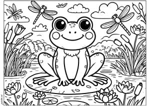 Pretty little frog on a lily pad with dragonflies (Coloring Page)