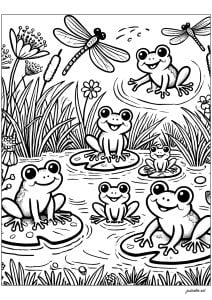Friendly frogs and dragonflies (Coloring Page)