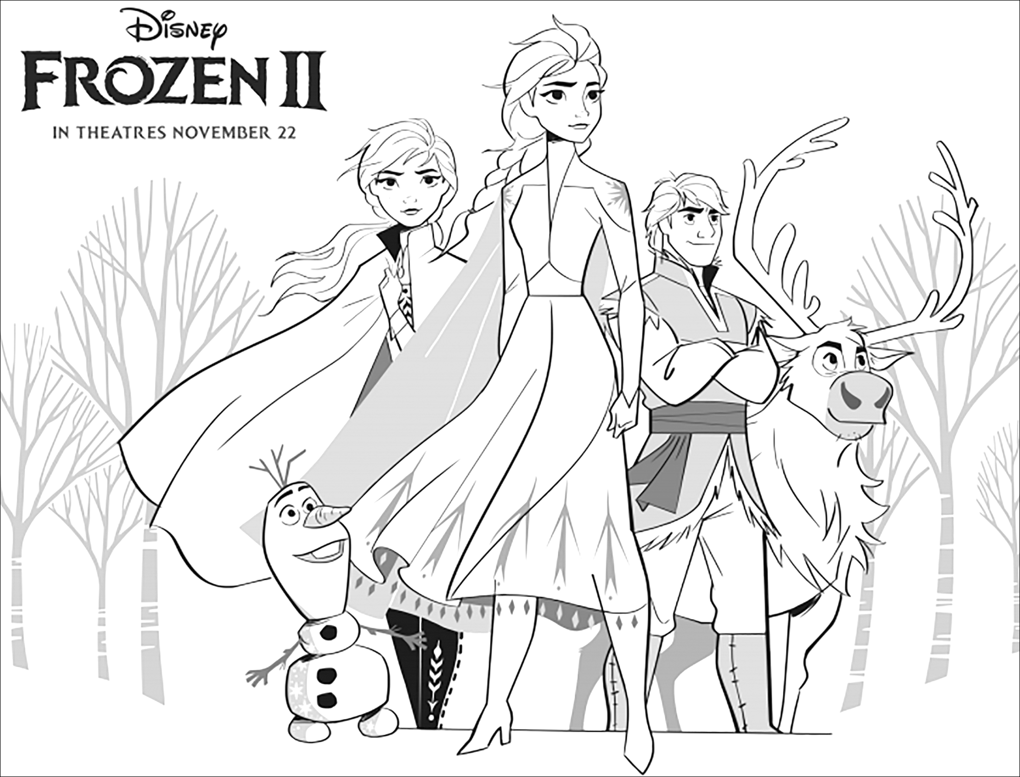 Printable Frozen 2 coloring page to print and color for free with Elsa, Anna, Olaf, Sven and Kristoff