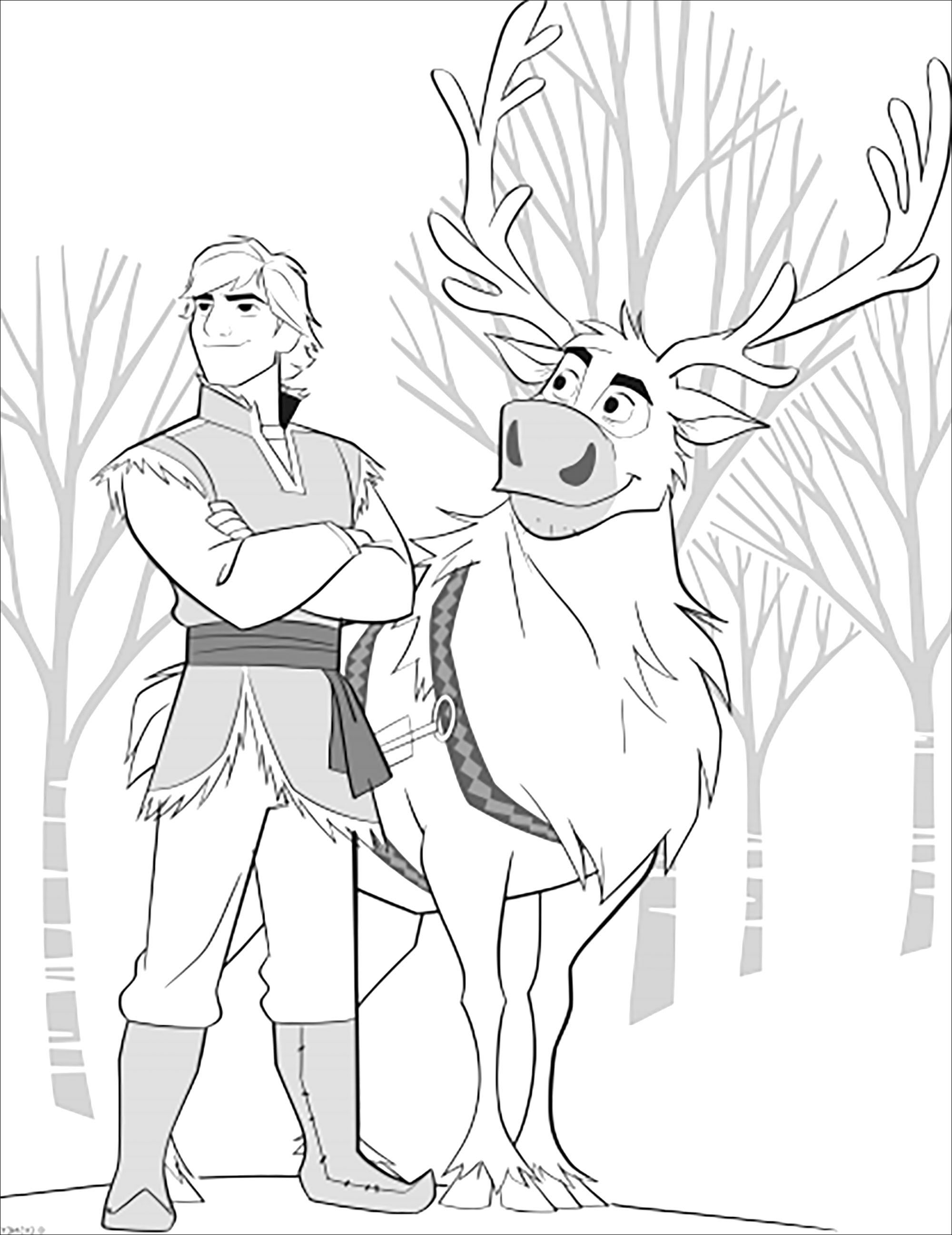 Simple Frozen 2 coloring page to print and color for free with Sven & Kristoff