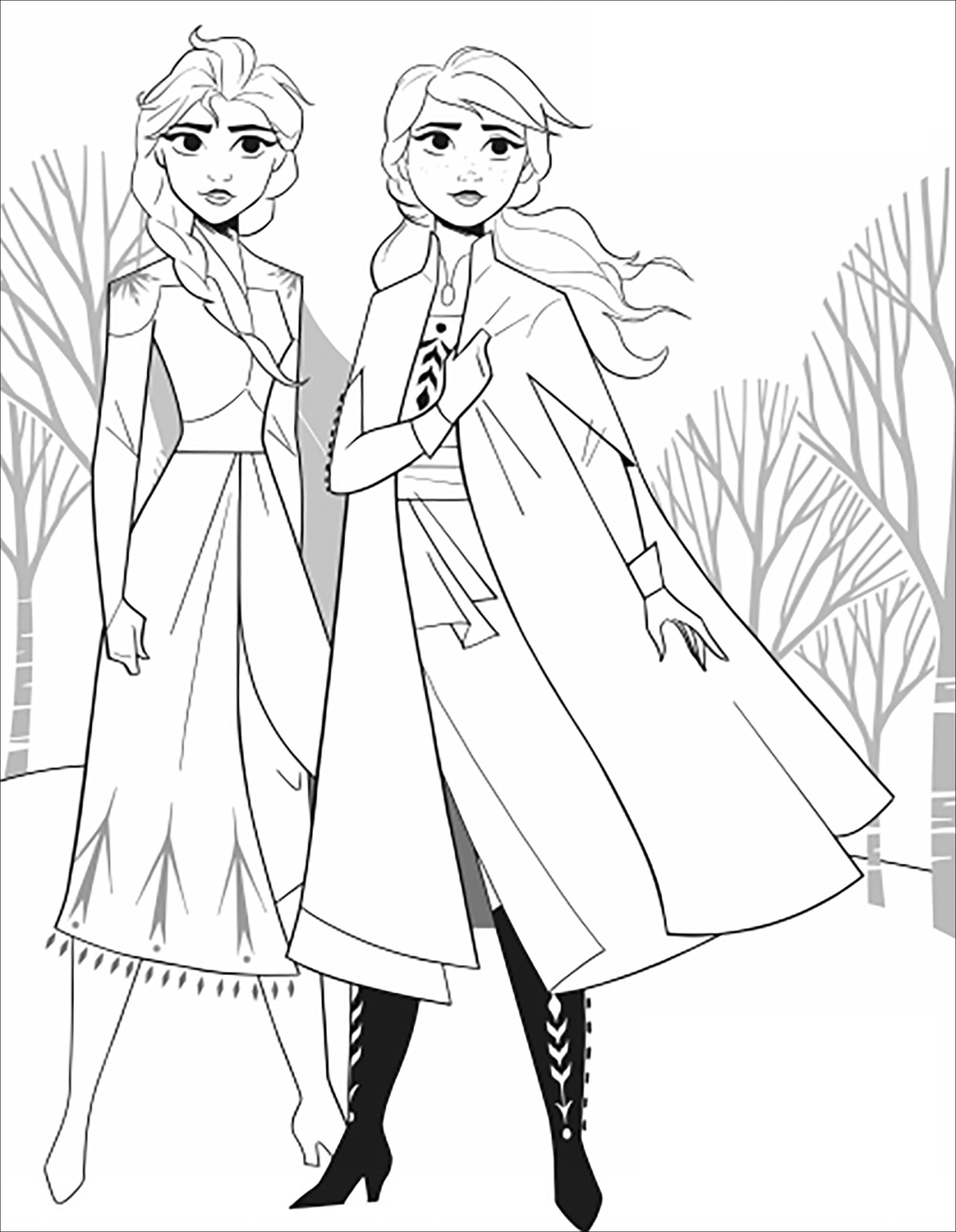 Printable Frozen 2 coloring page to print and color with Anna & Elsa