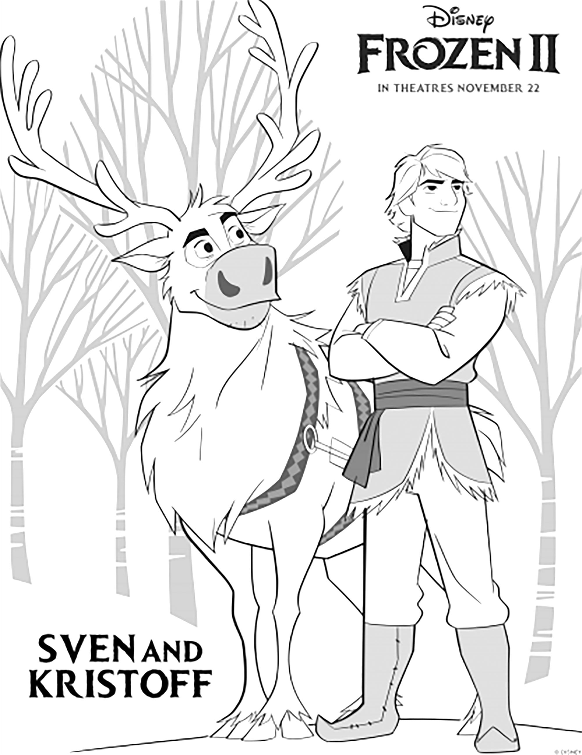 Beautiful Frozen 2 coloring page to print and color with Sven & Kristoff