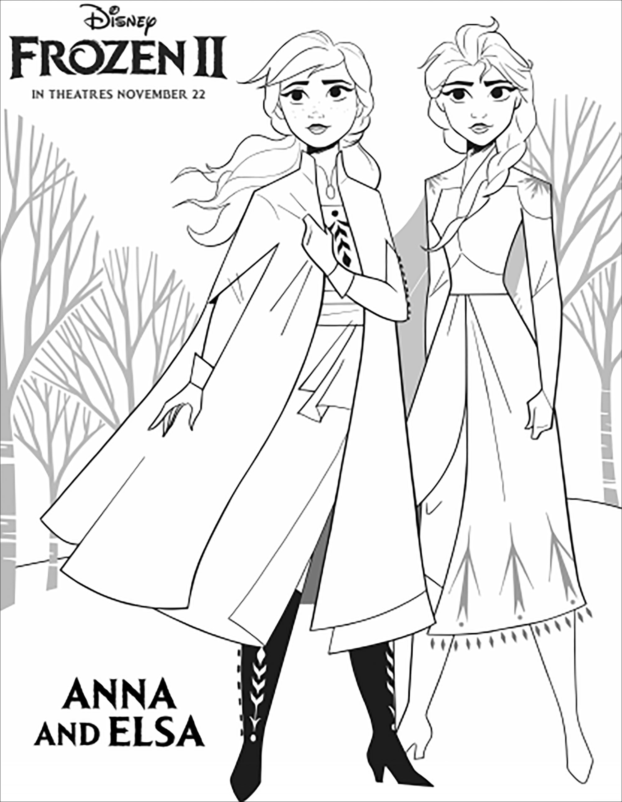 Incredible Frozen 2 coloring page to print and color for free with Anna & Elsa