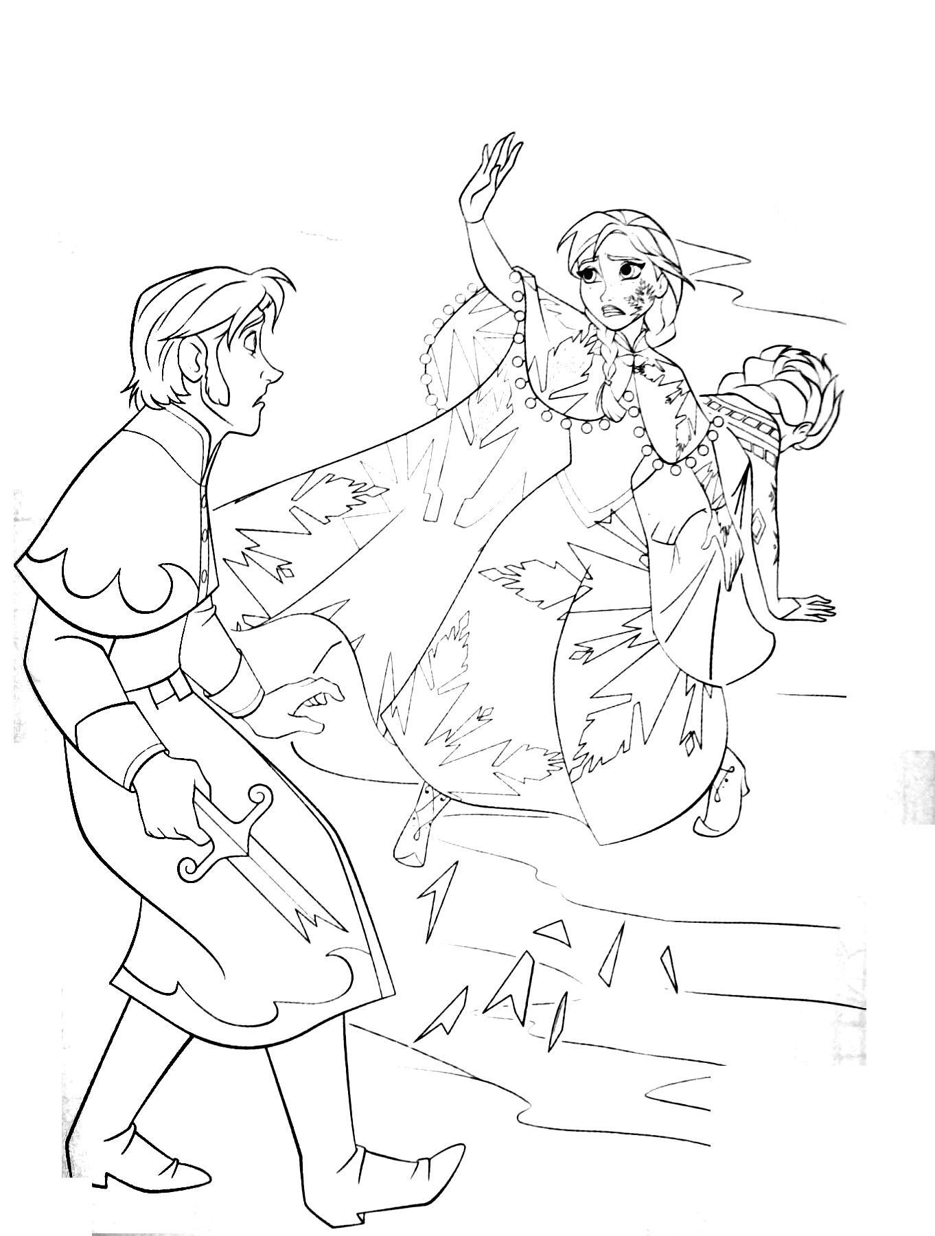 Funny Frozen coloring page for kids : Elsa protecting Anna from Hans