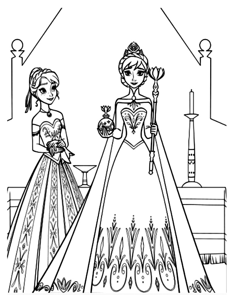 Simple free Frozen coloring page to print and color : Elsa with here sister Anna