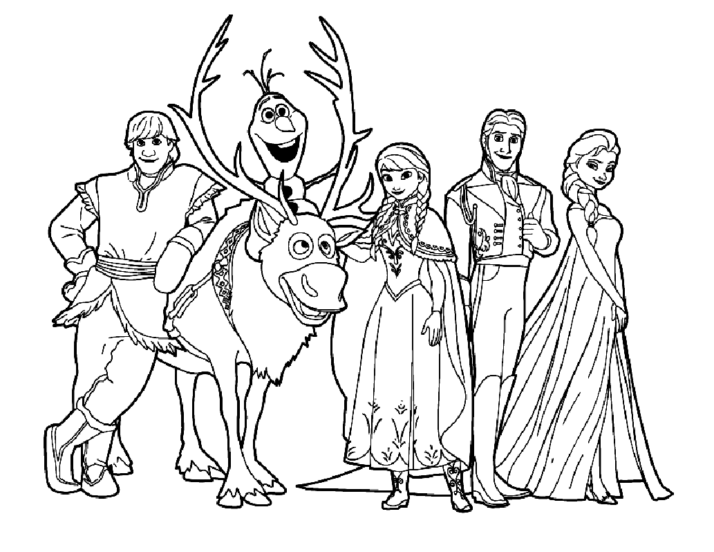 Simple Frozen coloring page for kids : The whole team !