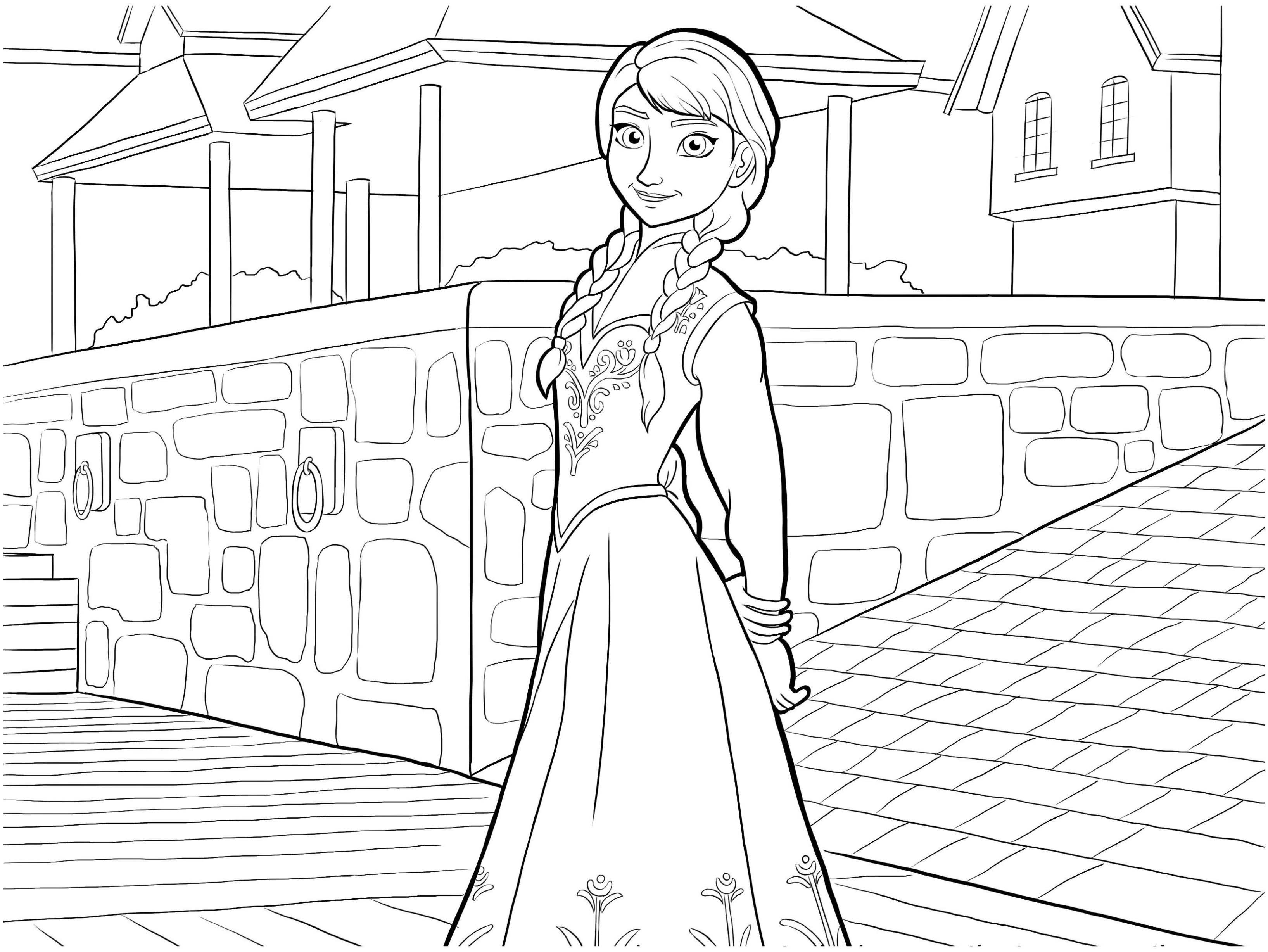 Simple Frozen coloring page to download for free : Anna and beautiful background to color