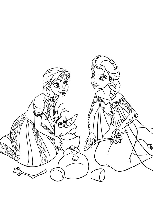 Frozen coloring page to print and color for free : Anna & Elsa repairing Olaf