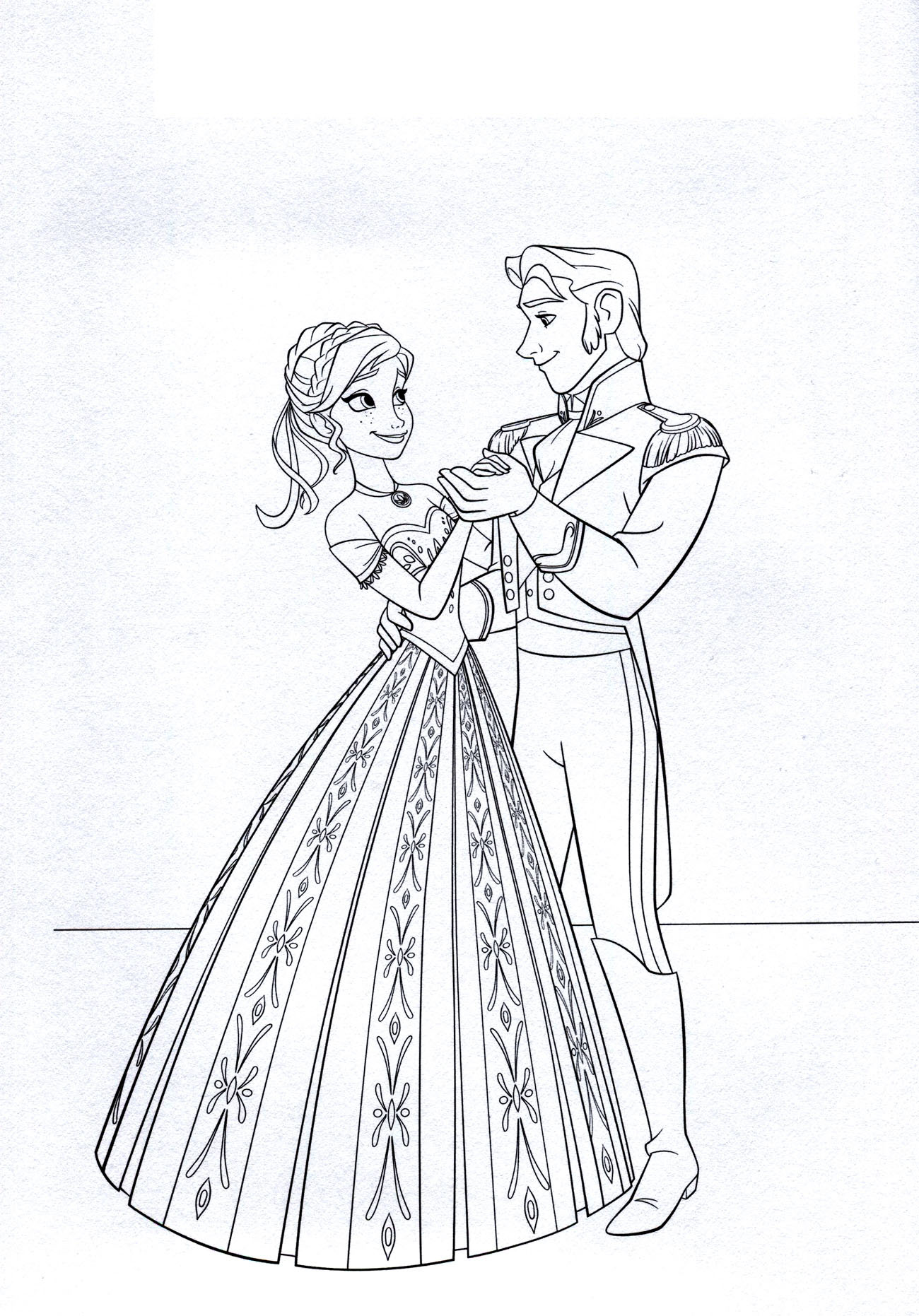 Easy free Frozen coloring page to download : Anna dancing with Hans