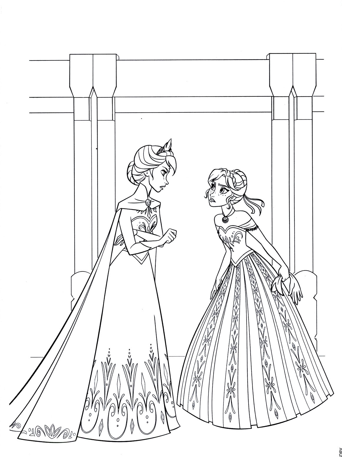 Free Frozen coloring page to download : Anna & Elsa with the two princesses