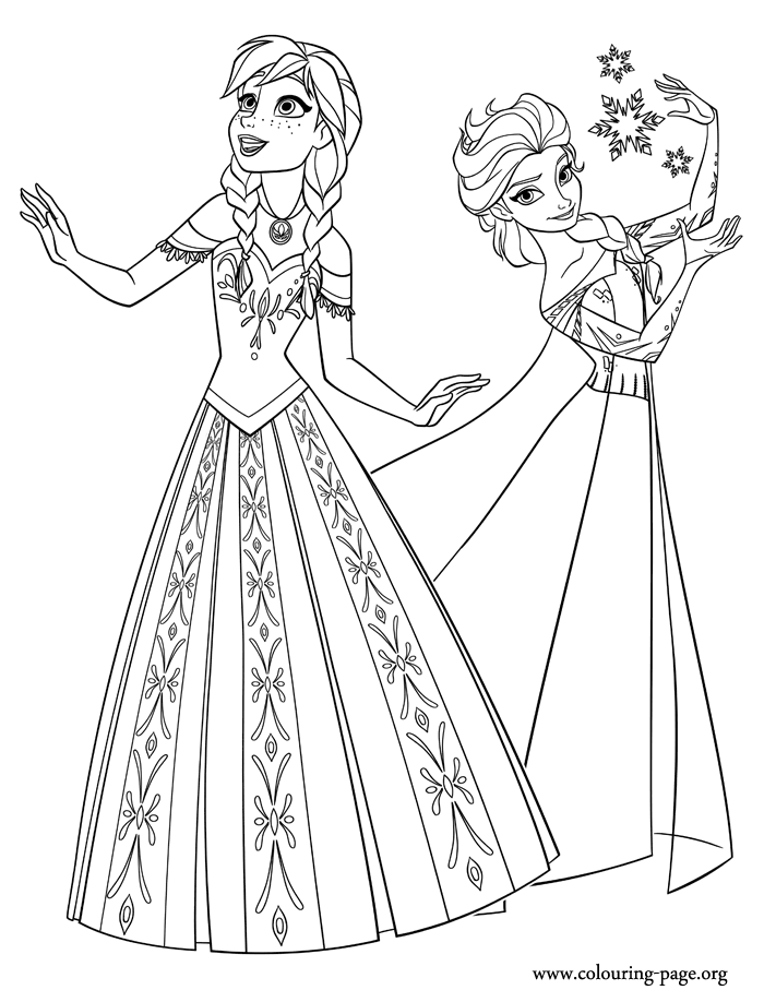 Simple Frozen coloring page to print and color for free : Anna & Elsa doing her magic