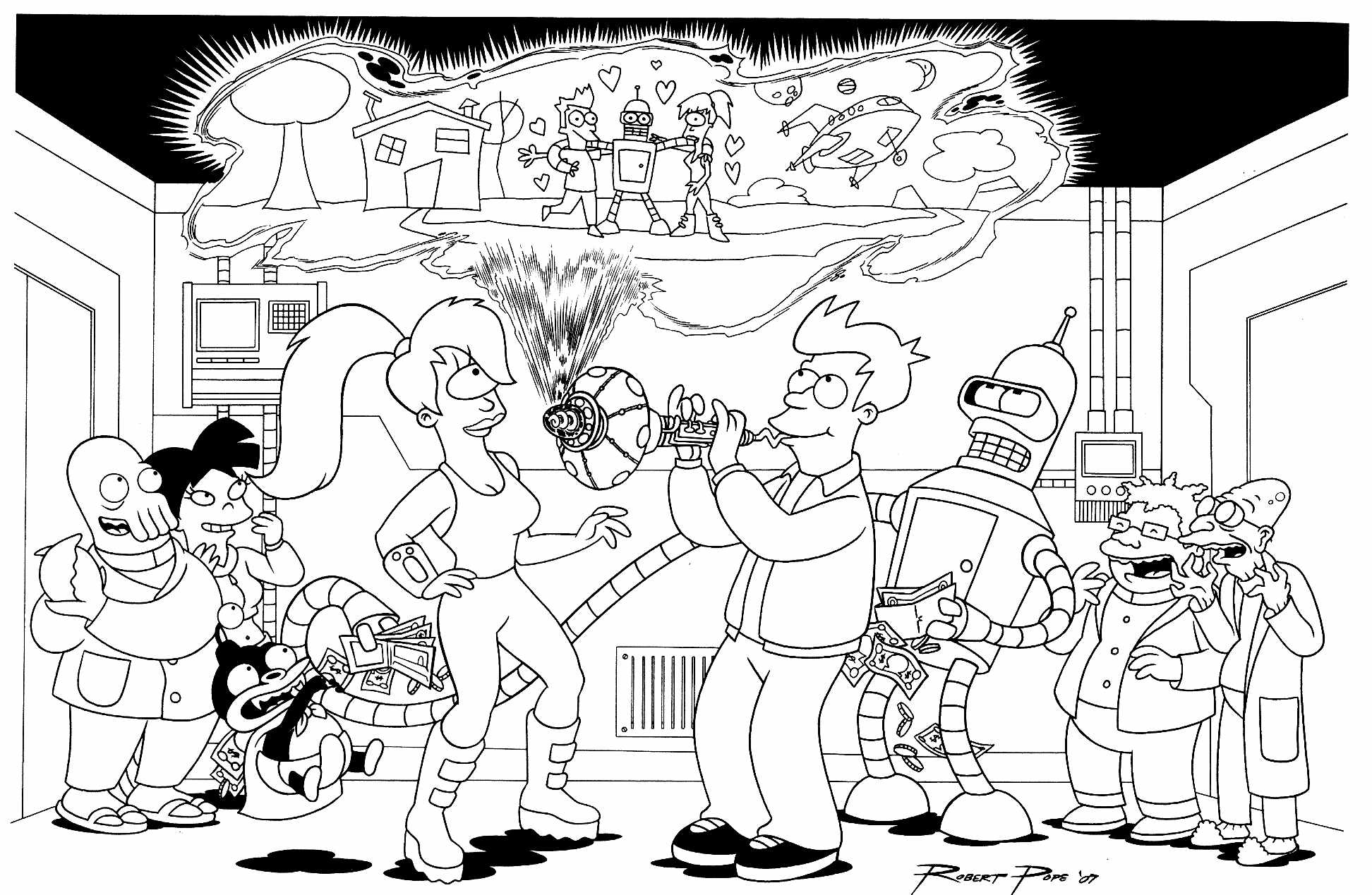 The main characters of Futurama gathered in a coloring page