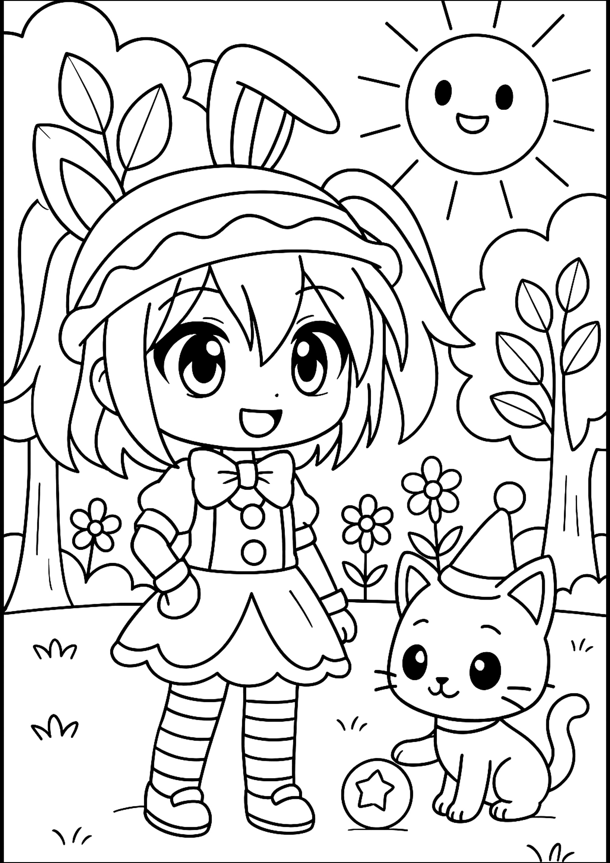 Young girl and her feline friend (Printable Gacha Life Coloring Page for Kids)