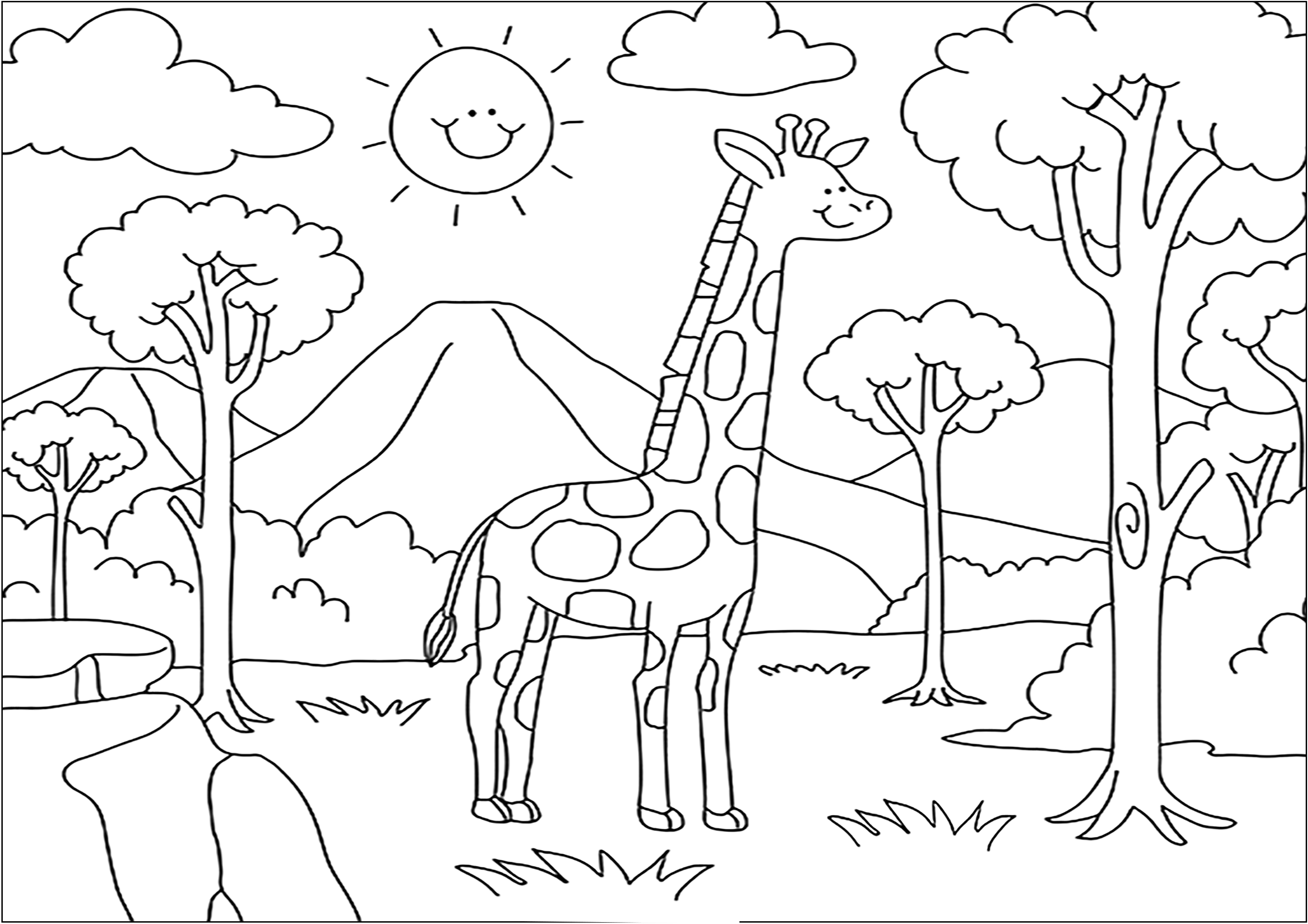 Giraffe in the savannah. Color this lovely landscape with the majestic volcano in the background