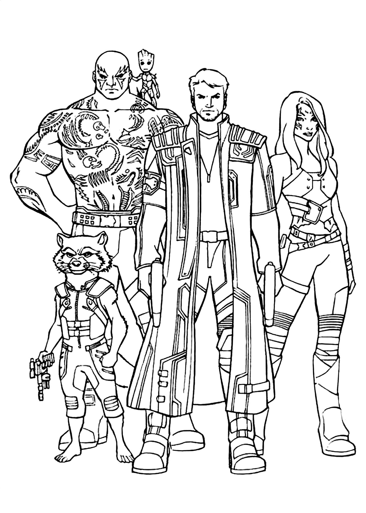 Simple Guardians of Galaxy coloring page : Groot, Rocket Raccoon, Star-Lord, Drax and Gamora