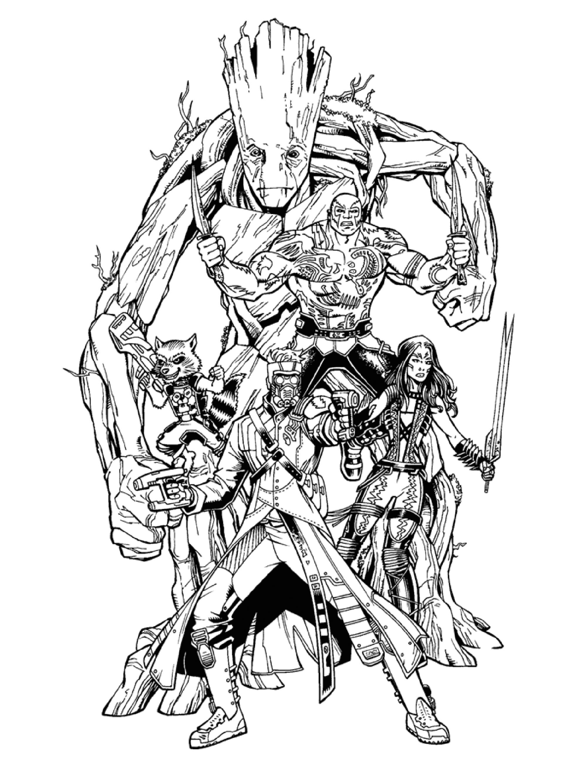Funny Guardians of Galaxy coloring page : Groot, Rocket Raccoon, Star-Lord, Drax and Gamora