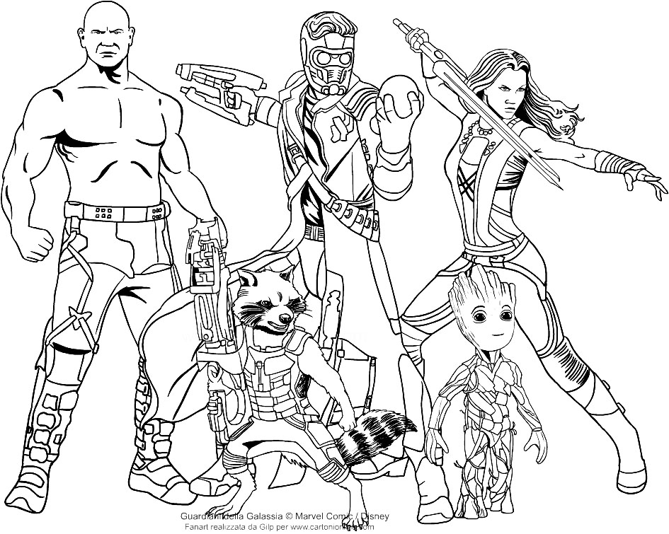 Cute free Guardians of Galaxy coloring page to download : Groot, Rocket Raccoon, Star-Lord, Drax and Gamora