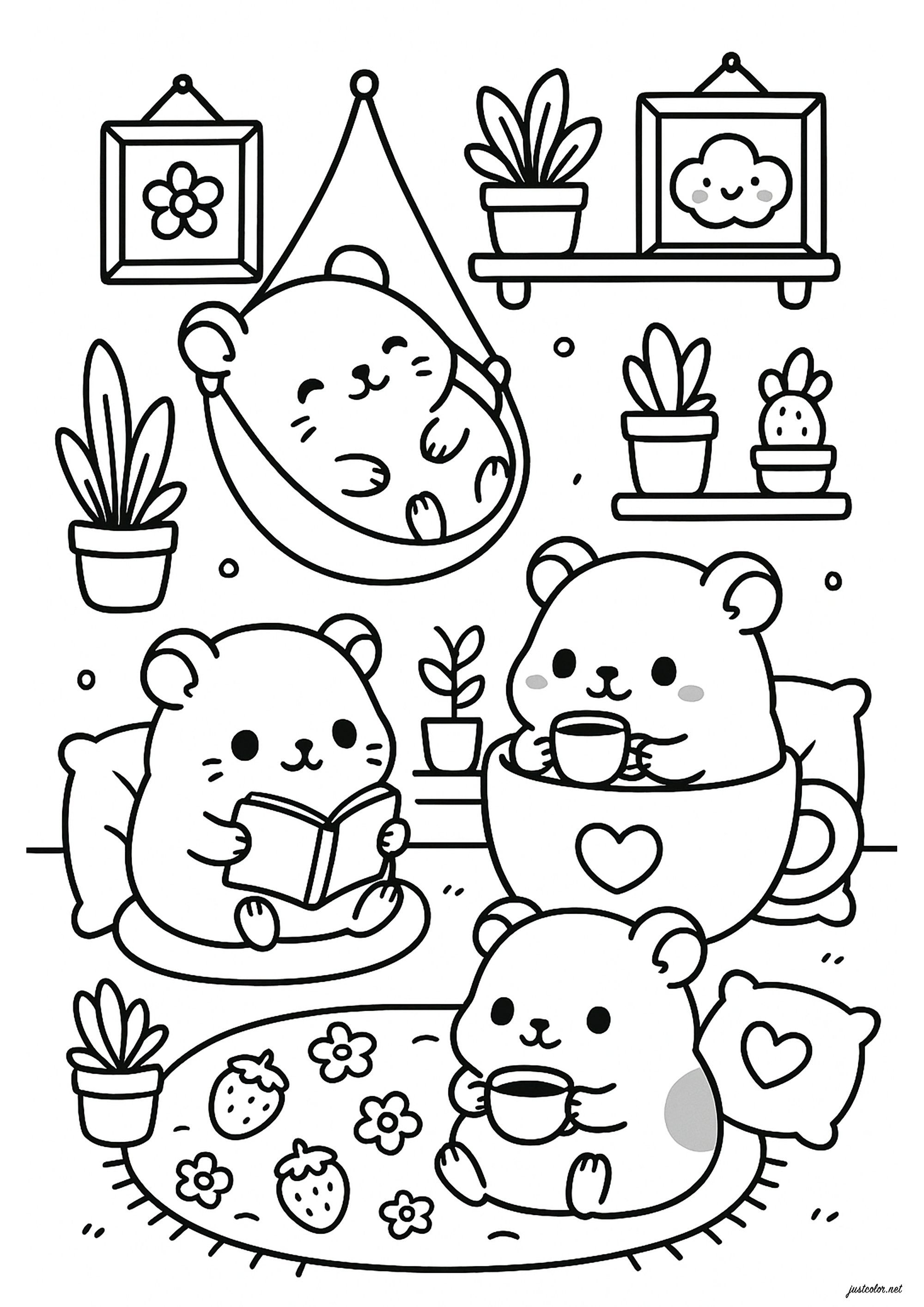 Guinea pigs resting in a living room (Printable Coloring Page for Kids)